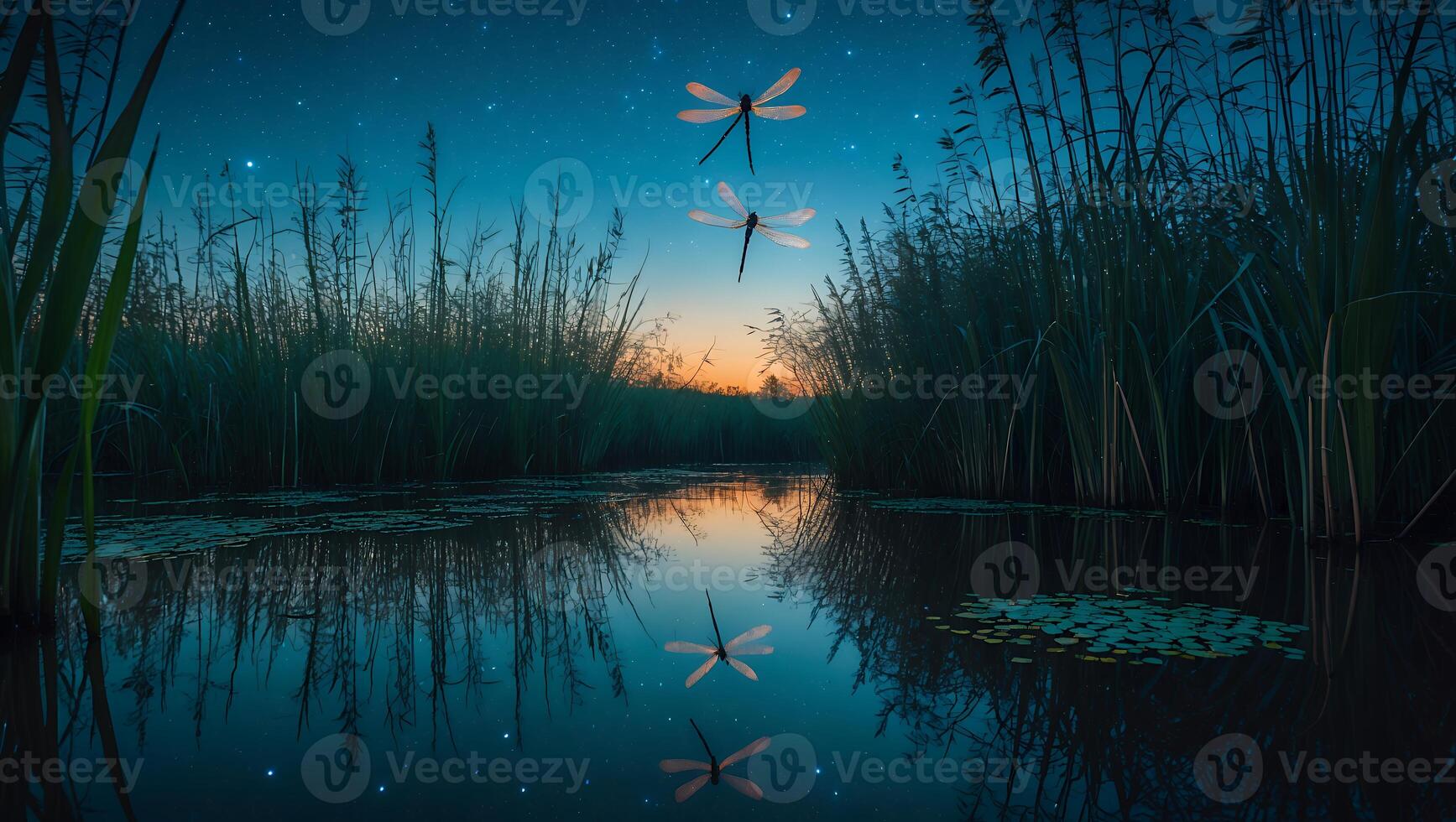 Dragonfly Flight Above Quiet Pond at Dusk with Starry Reflections photo