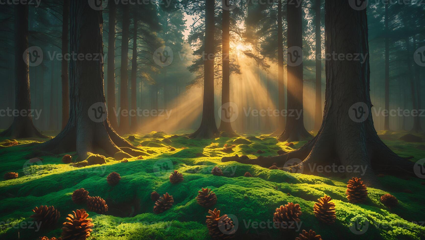 Sunlight Streaming Through Forest with Green Moss and Pine Cones photo