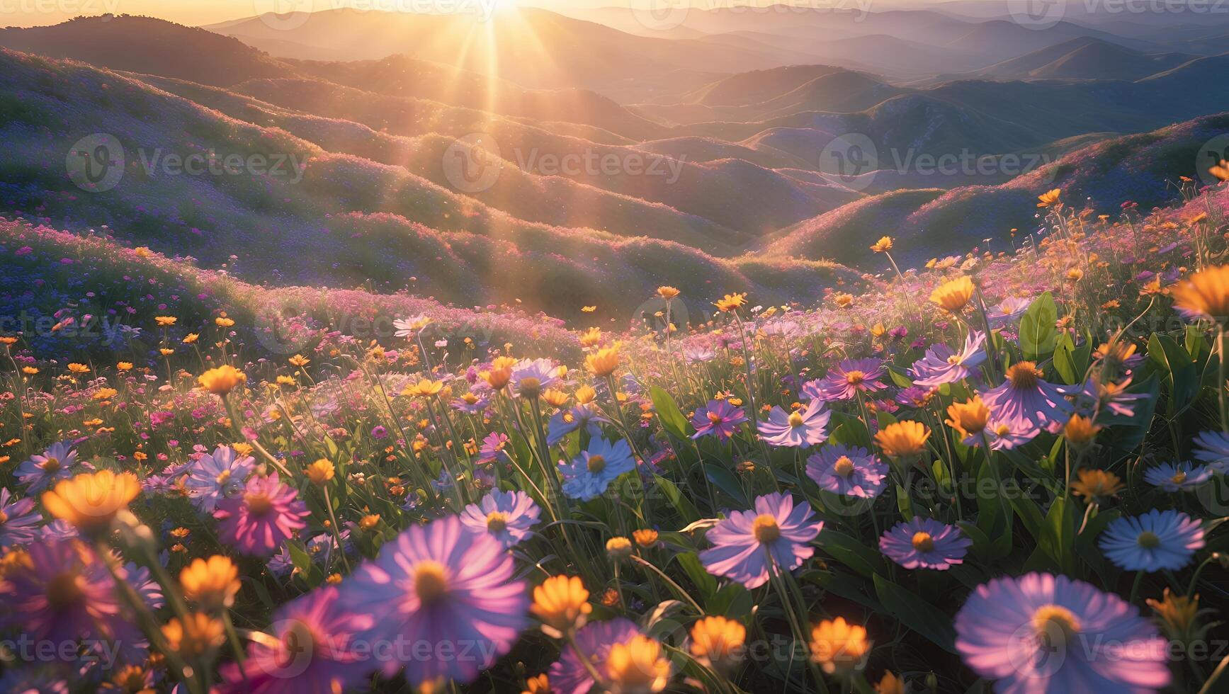 Sun Shining Over Flower Field with Rolling Hills Landscape View photo