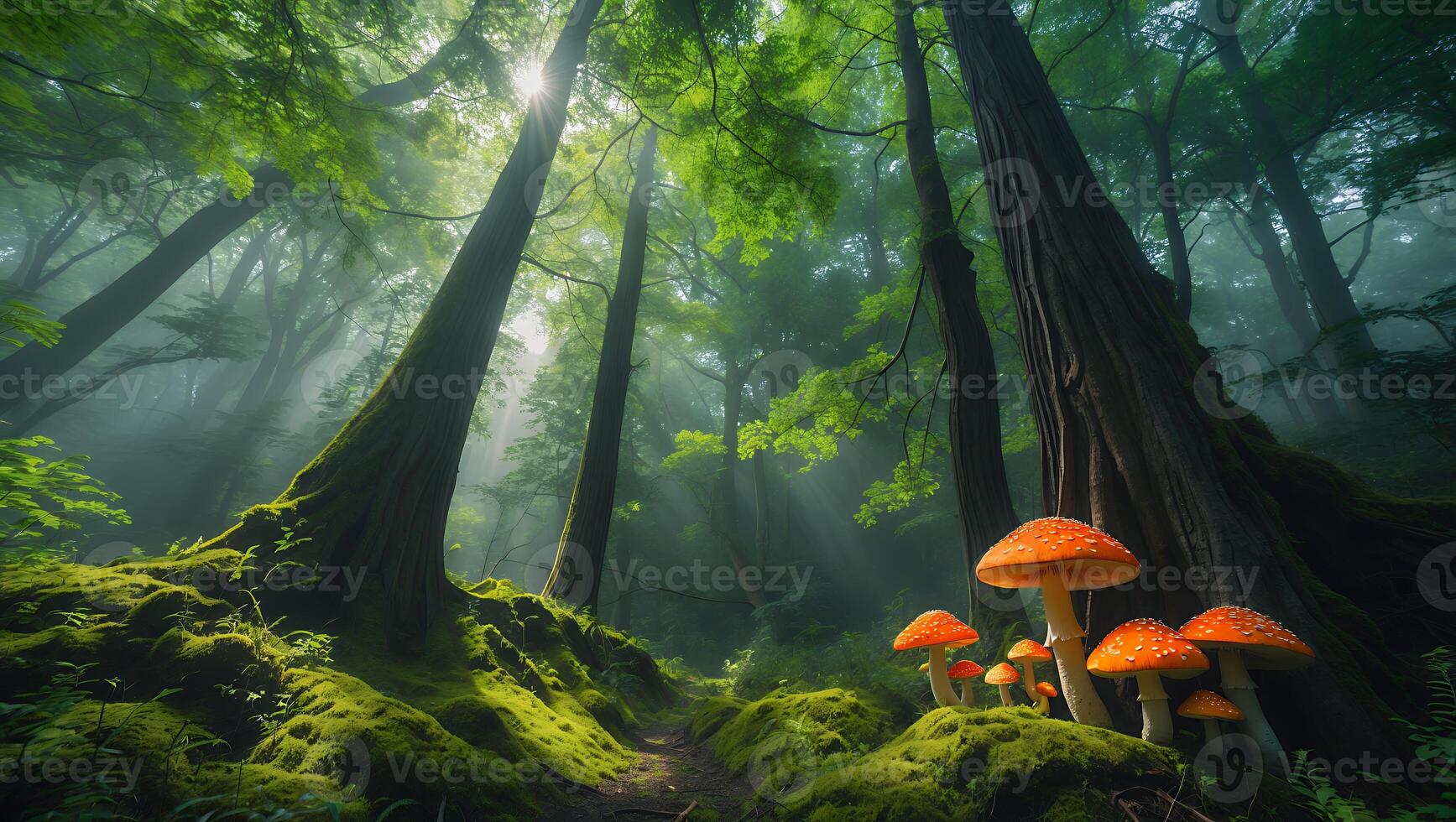 Exploring the Enchanting Forest Path with Red Toadstools and Sunlight photo