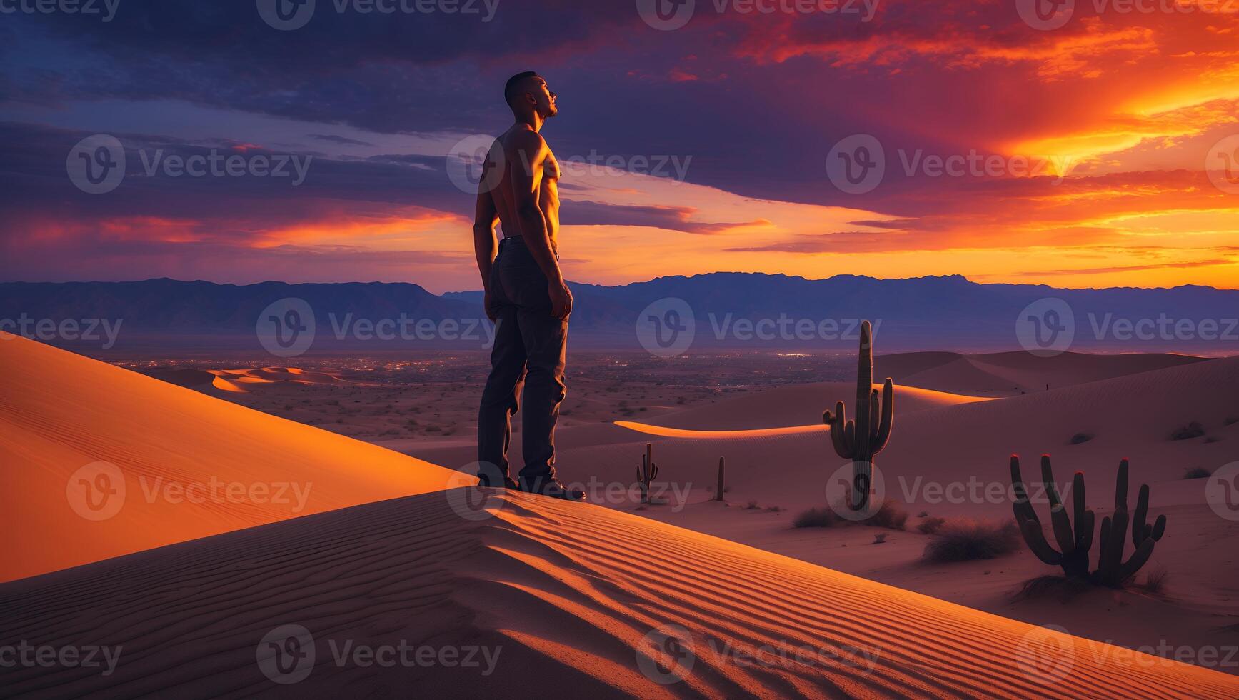 Man Standing on Desert Dune at Sunset Gazing at the Sky photo