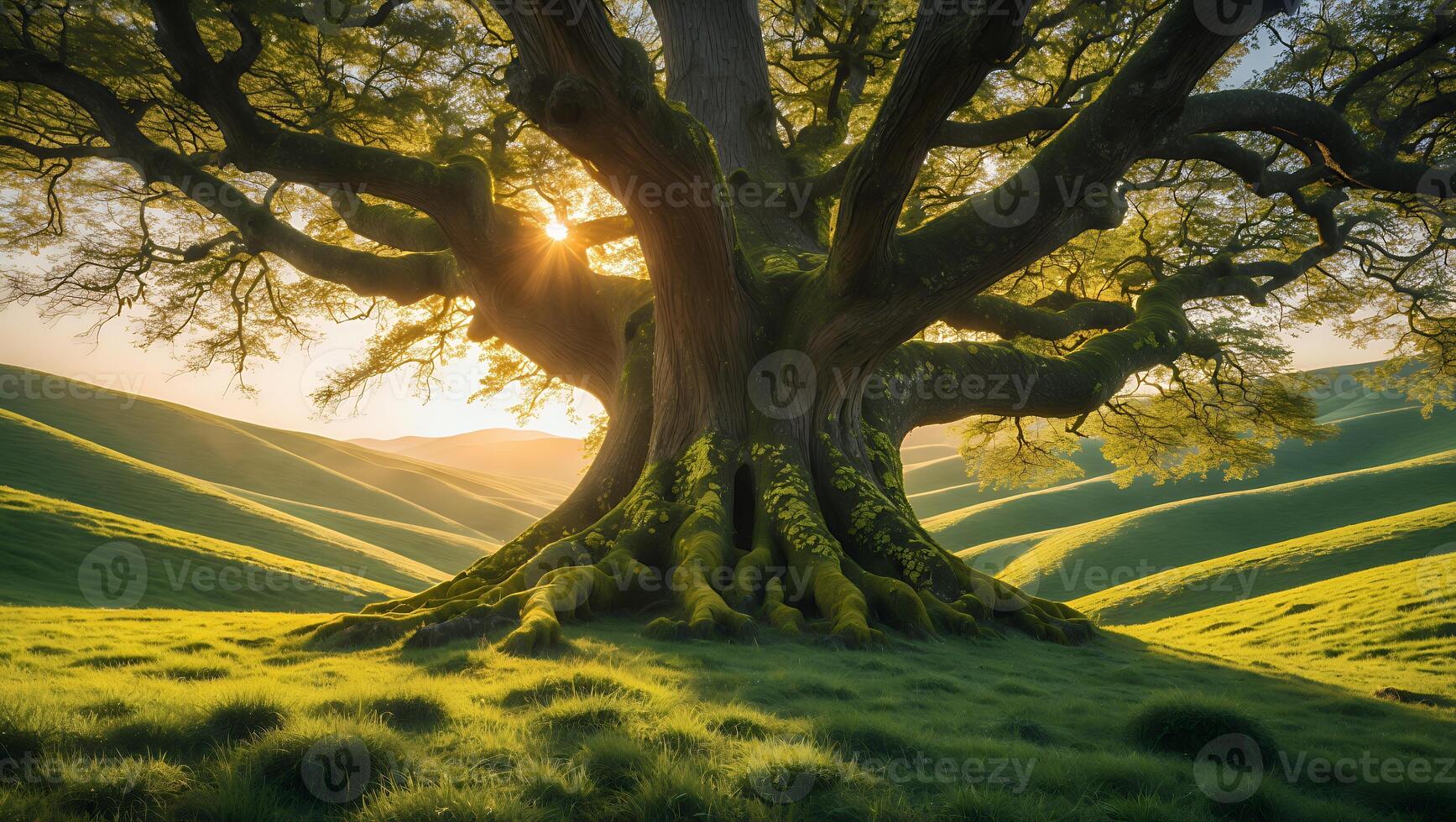 Majestic Old Tree on Rolling Green Hills at Sunset Creates Serenity photo