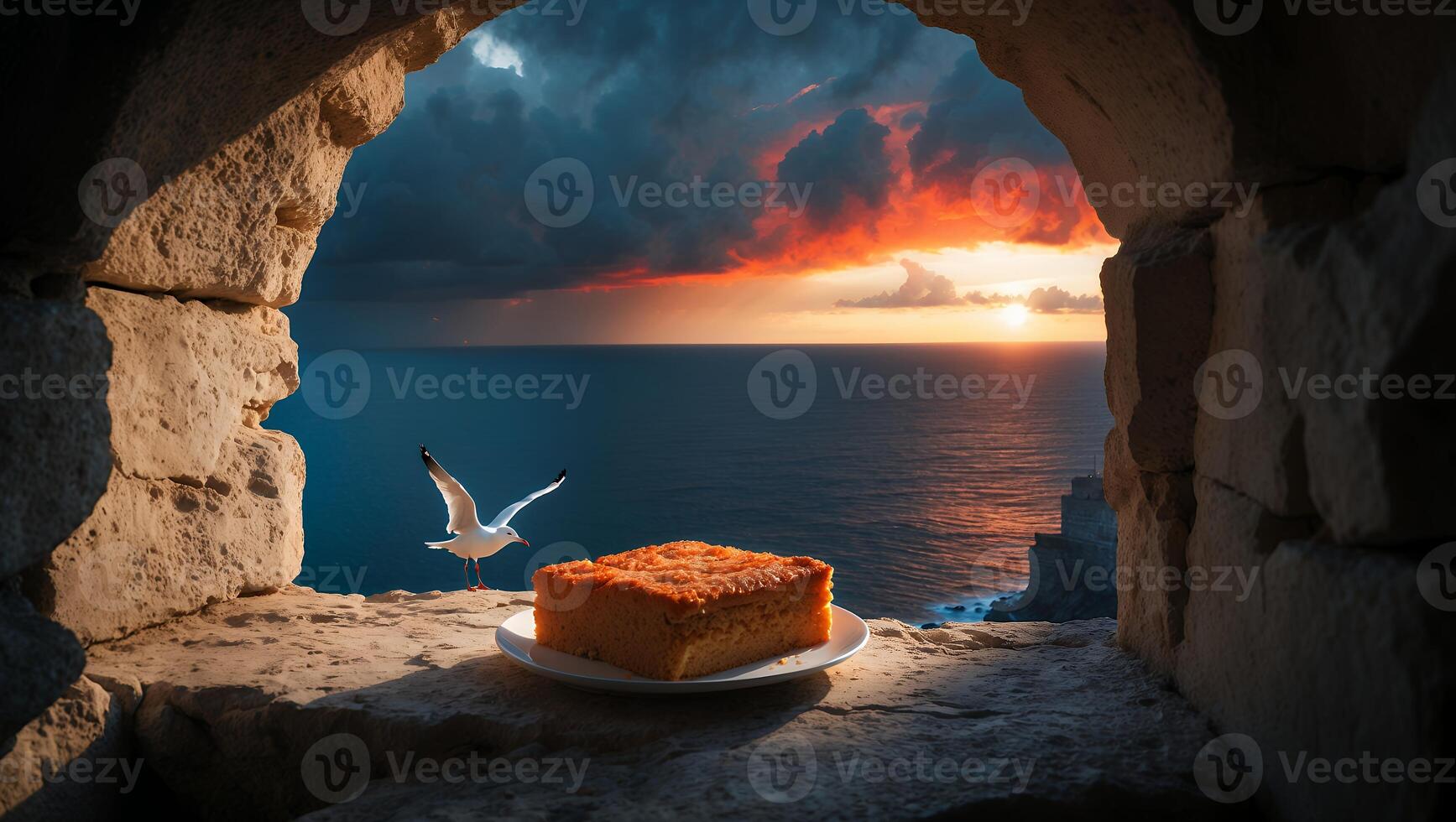 Cake on Stone Window Overlooking Ocean at Sunset with Flying Bird photo