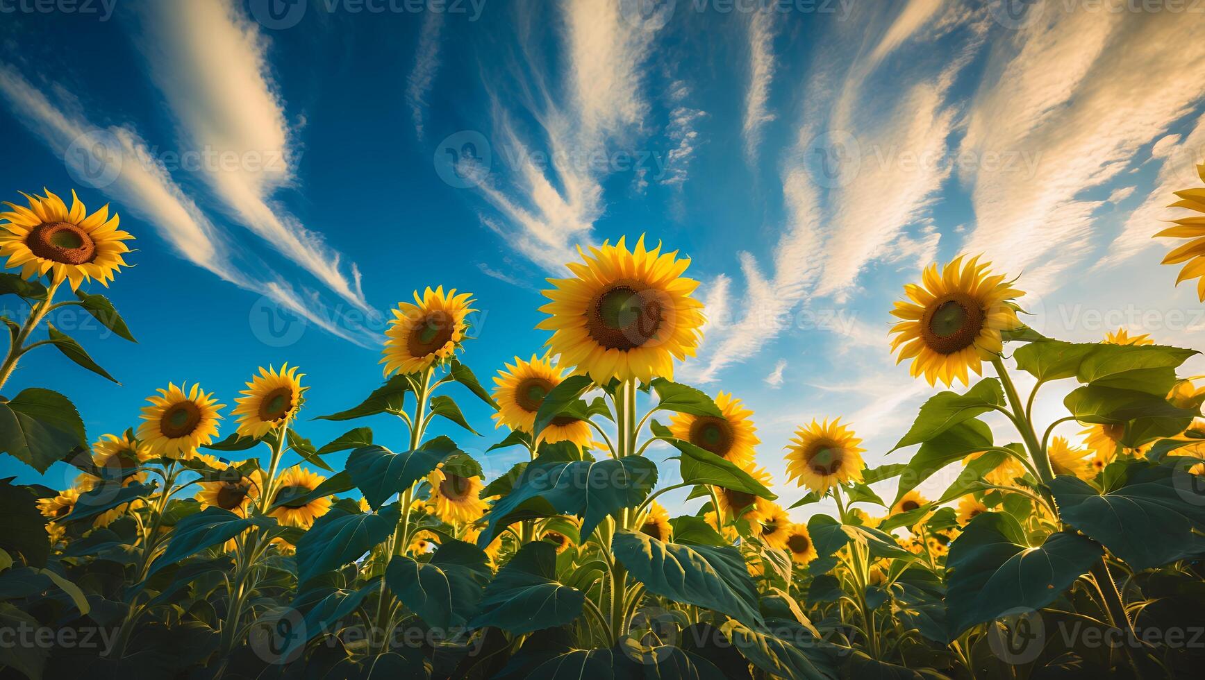 Exploring Vibrant Sunflower Field Under Bright Blue Sky with Clouds photo