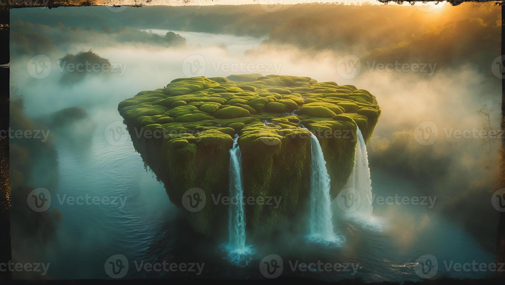 Floating Island Waterfall Scenery with Lush Greenery in Misty Lake photo