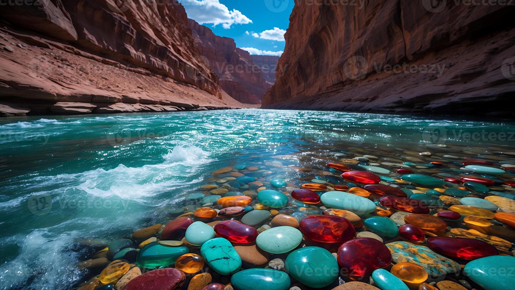 Flowing River Through Canyon with Colorful Rocks and Sky photo