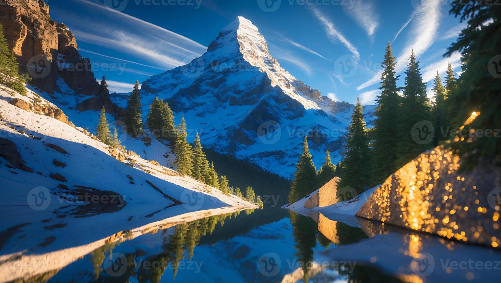 Snowy Mountain Reflection in Lake Surrounded by Evergreen Trees photo