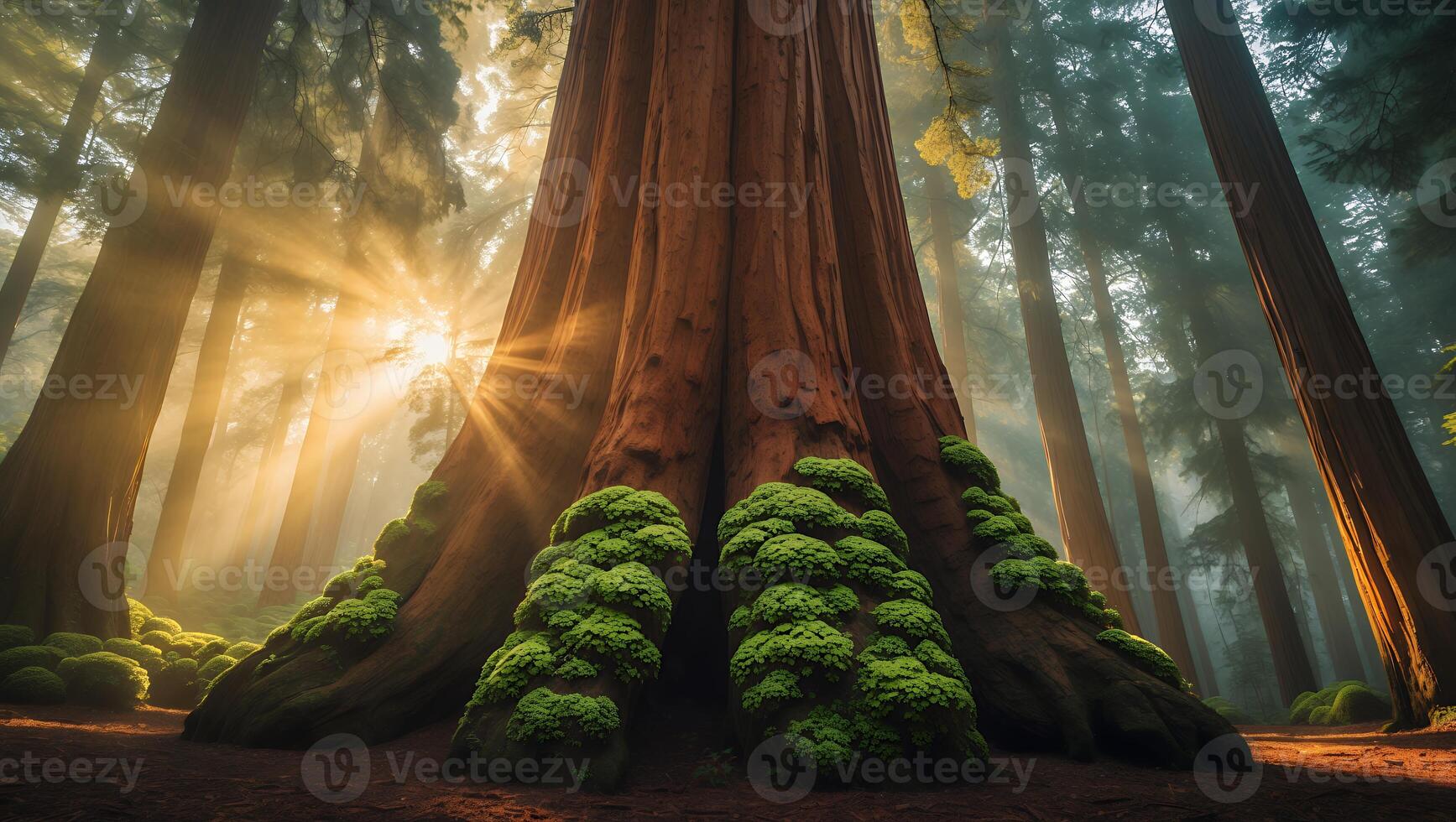 Majestic Redwood Tree in Forest with Sunlight Streaming Through Trees photo