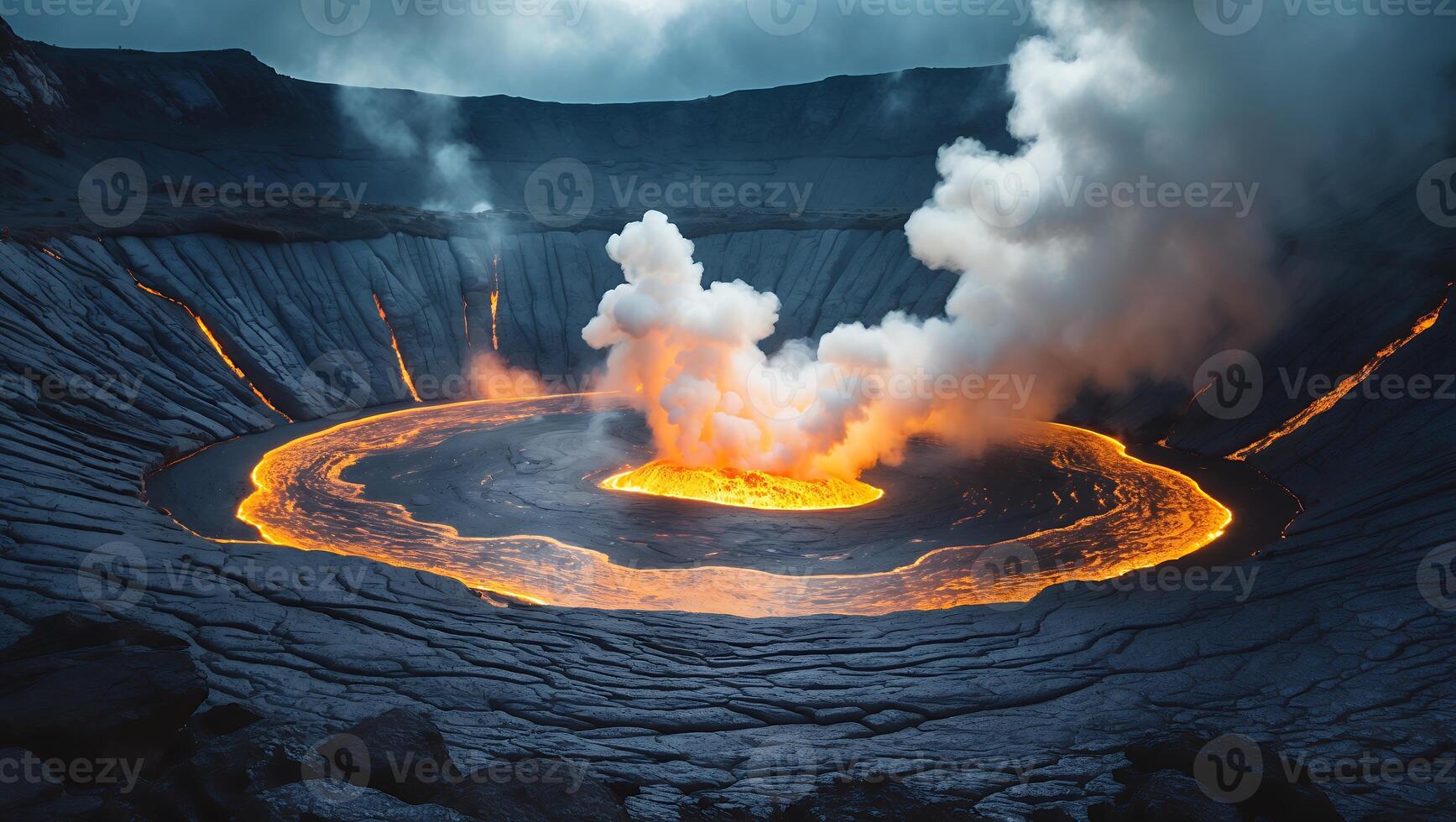 Active Volcano Crater Emitting Smoke and Molten Lava Landscape photo