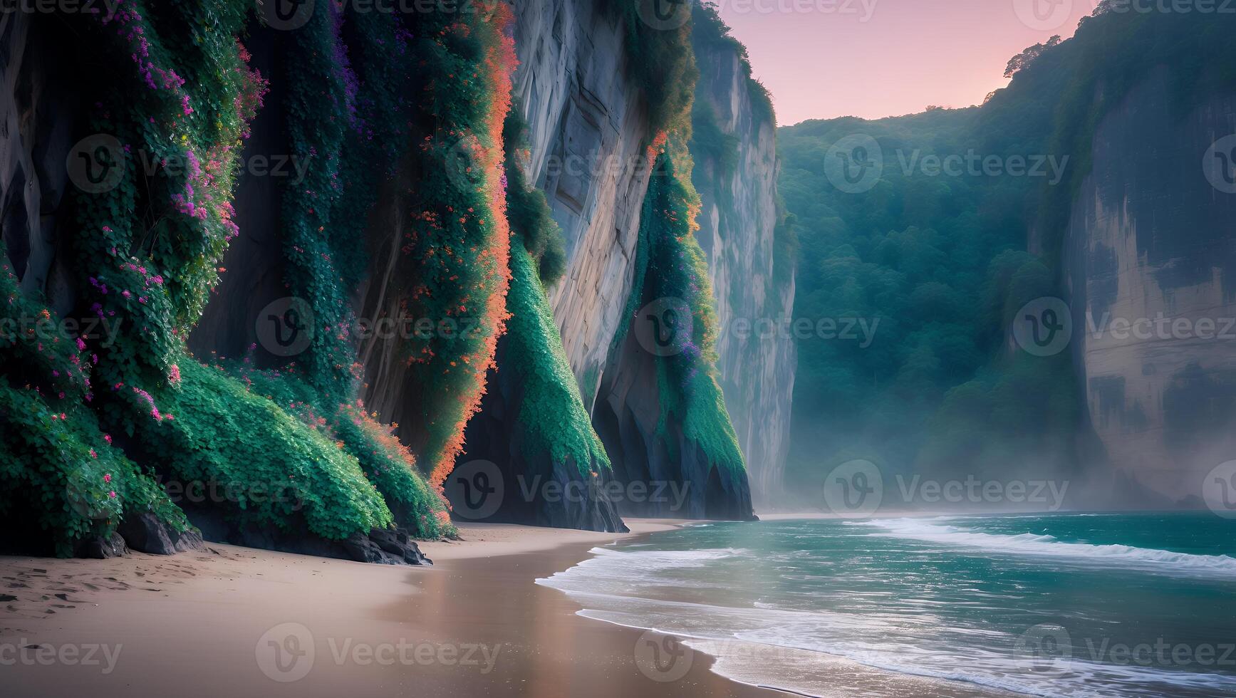 Coastal Cliffside with Lush Vegetation Meets Turquoise Ocean at Beach photo