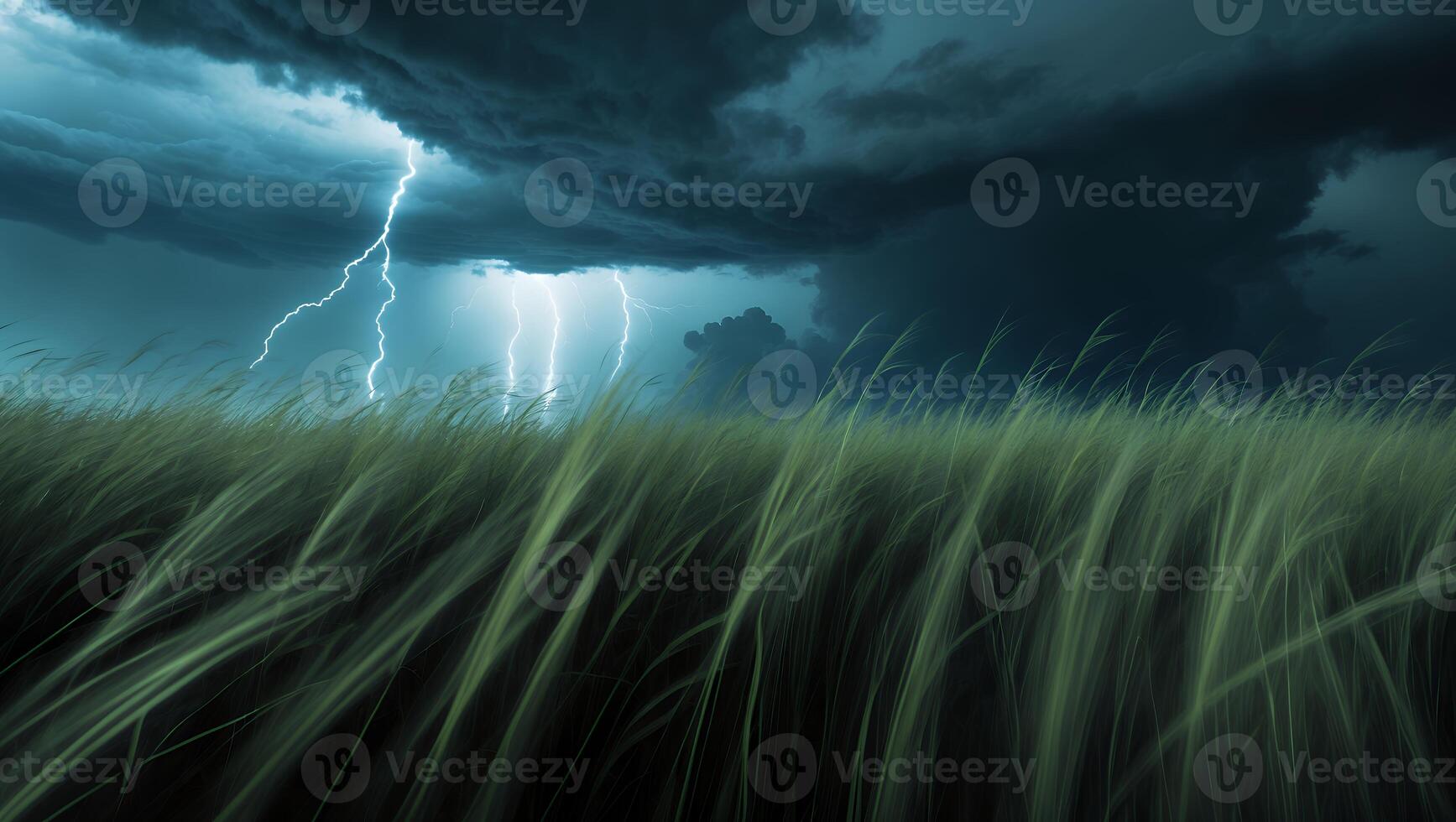Striking Lightning Storm Over Field with Grass Moving in the Wind photo
