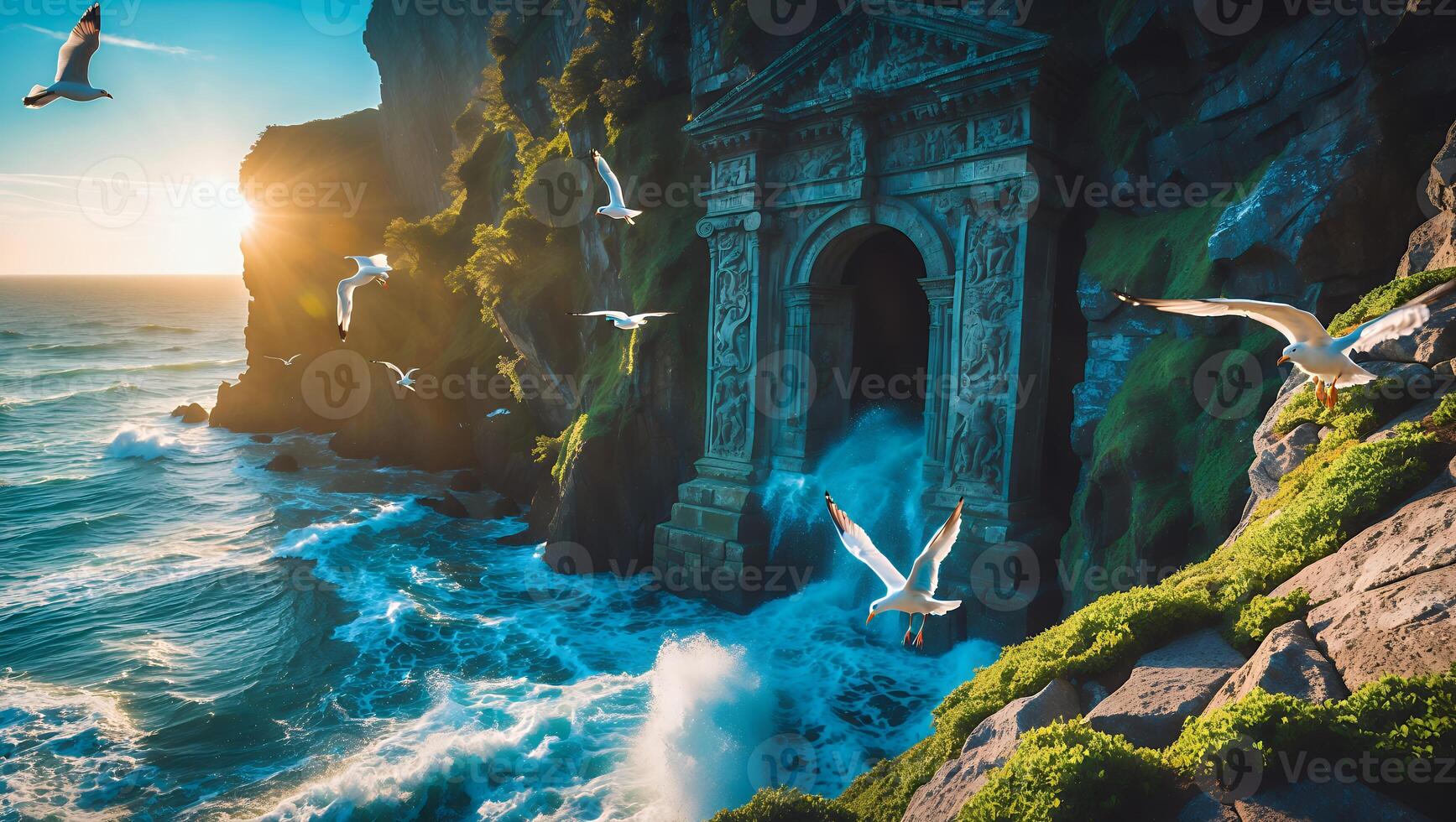 Seagulls Flying Near Coastal Cliffs with Architectural Structure and Ocean Waves photo