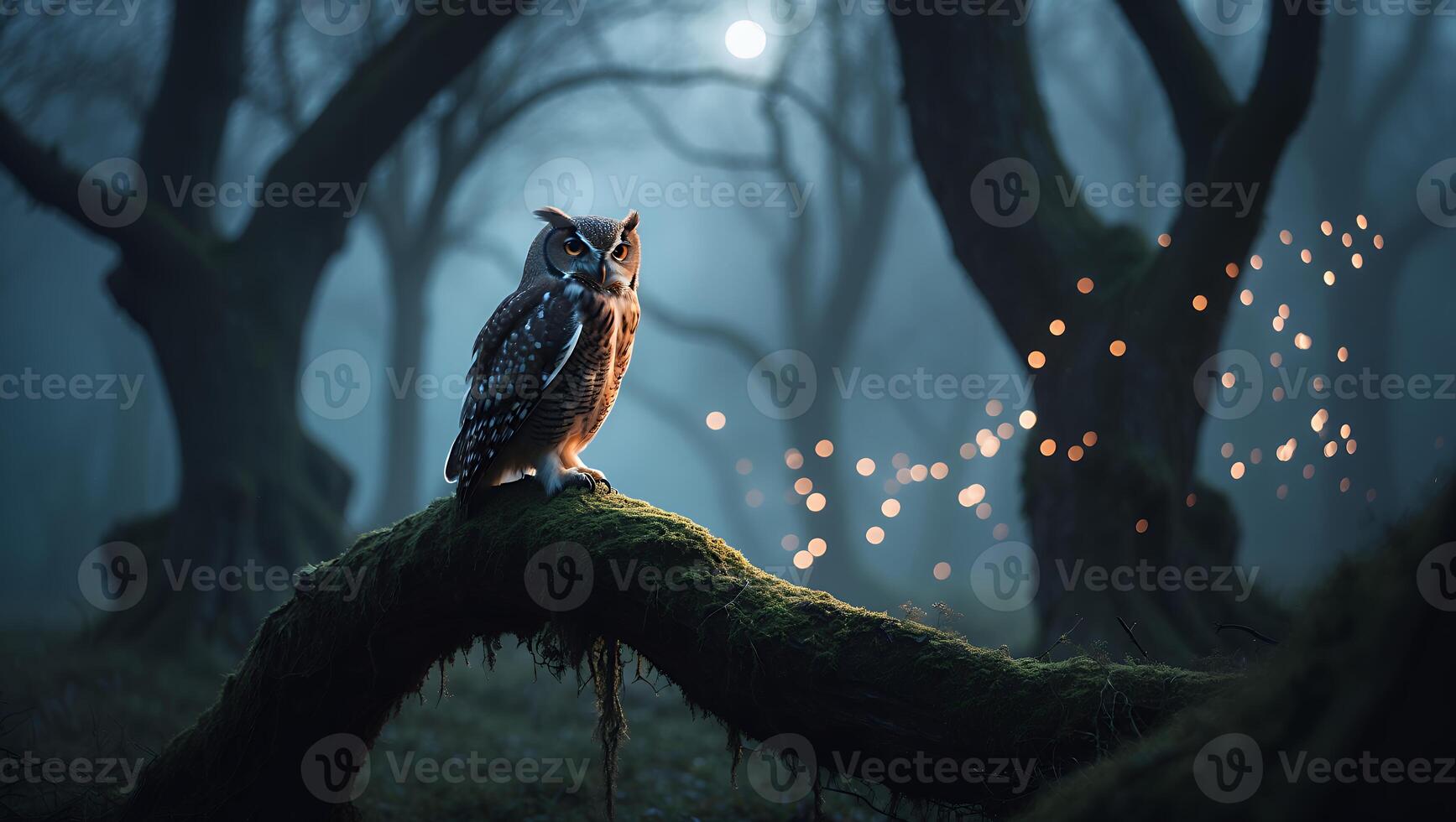 Owl Perched on Mossy Branch in Mystical Foggy Forest Scene photo