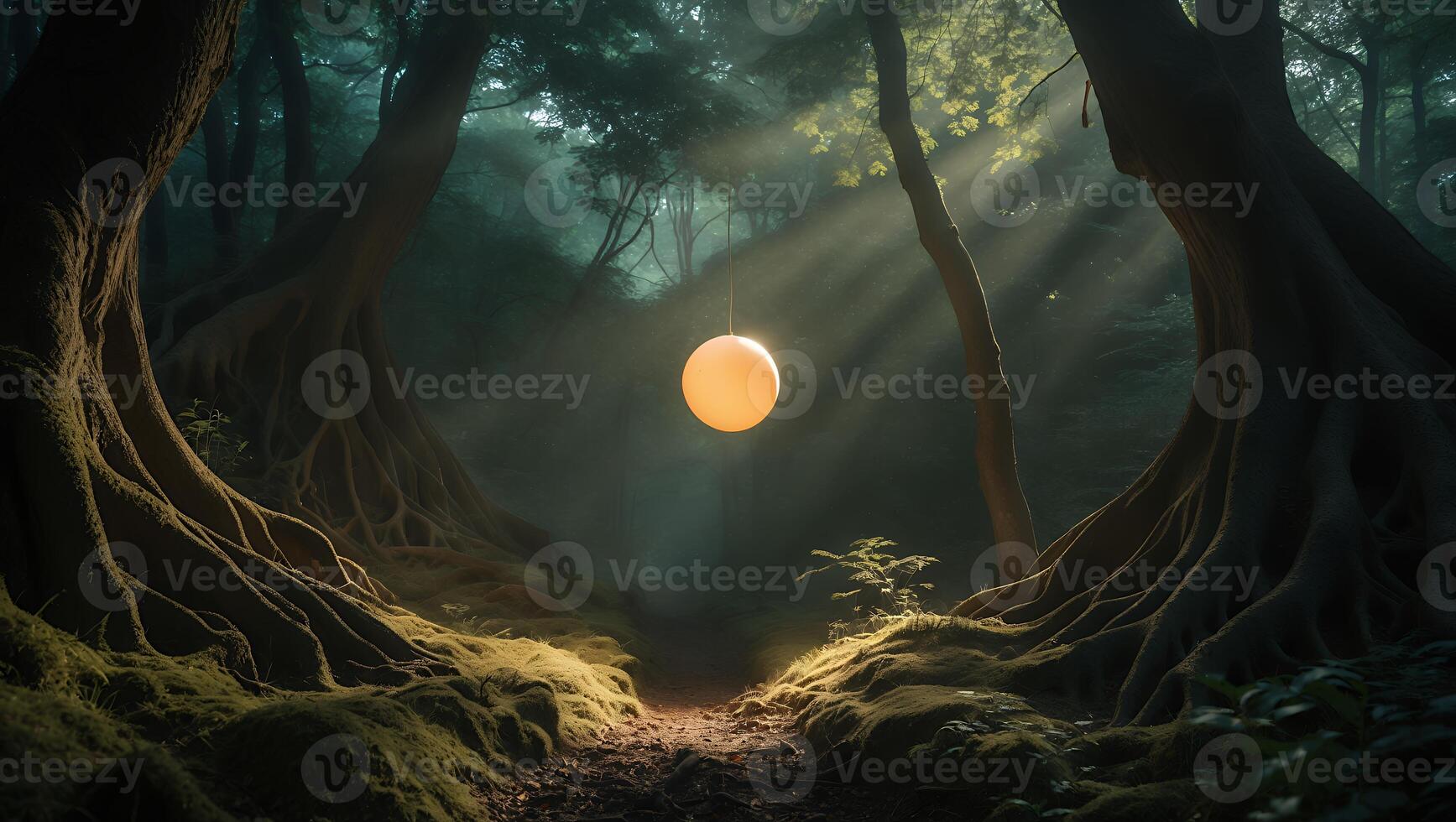 Glowing Orb in a Mystical Forest with Sun Rays Shining Through photo