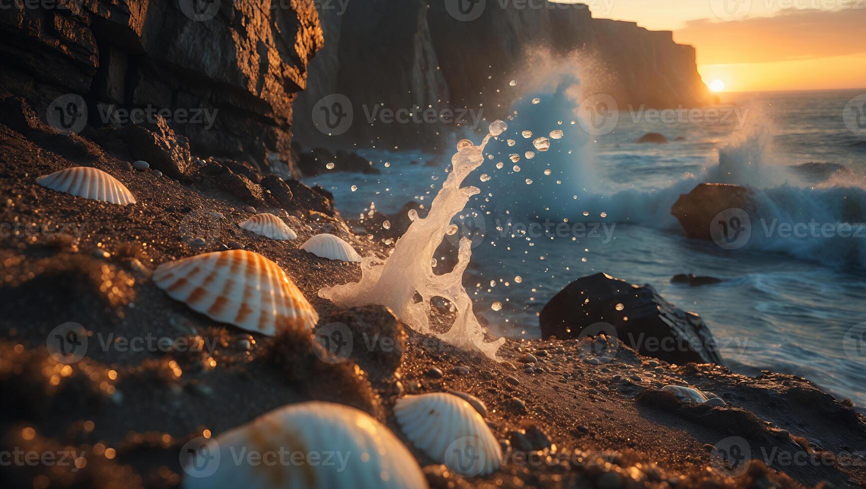 Seashells on Sandy Beach with Ocean Wave Splashing at Sunset photo