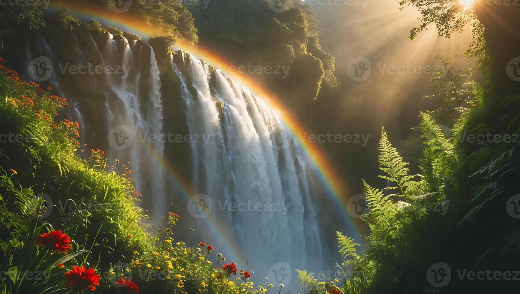 Waterfall with Rainbow Cascading Through Lush Forest Landscape and Sunlight photo