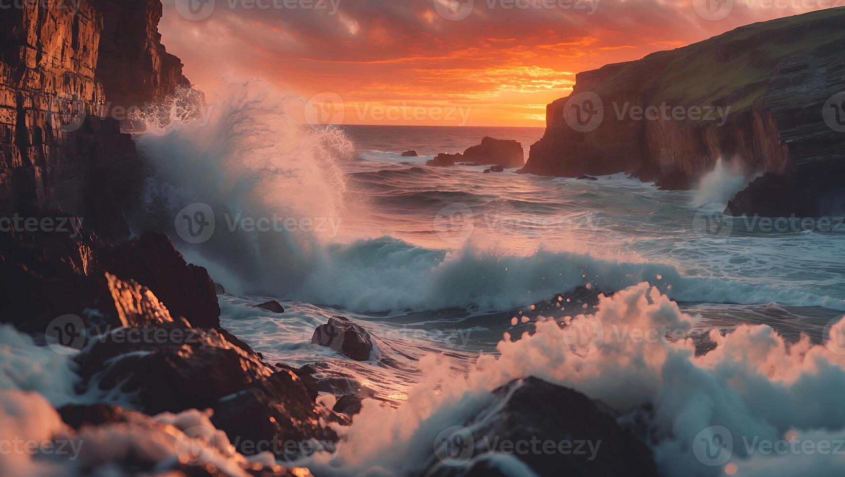 Crashing Ocean Waves at Sunset Against Rocky Cliffs Coastal Scenery photo
