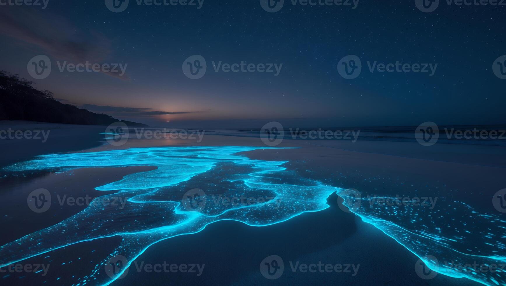 Glowing Bioluminescent Waves Splashing on Sandy Beach at Dusk Under Stars photo