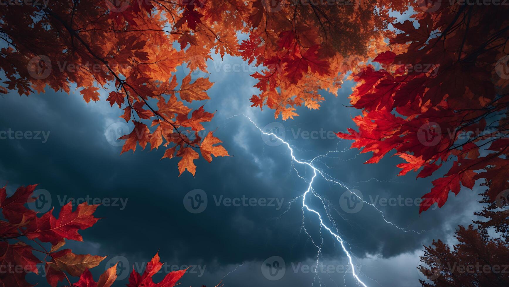 Lightning Strikes Behind Orange Autumn Leaves Creating Dramatic Weather Scene photo