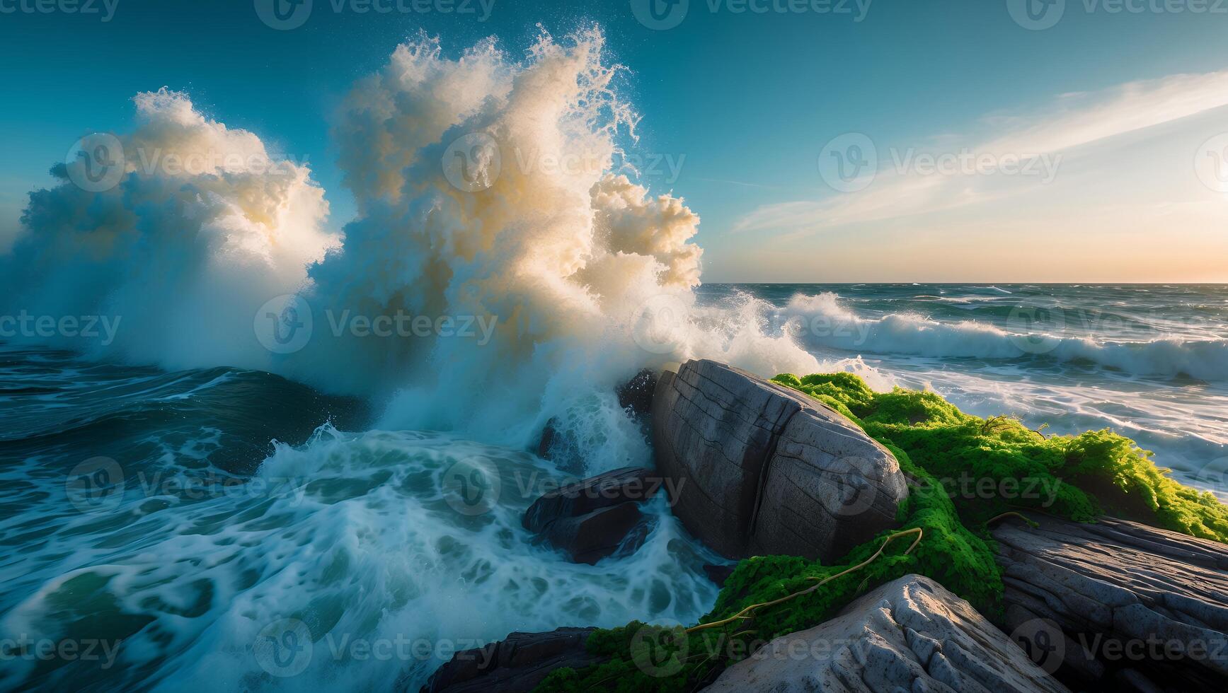 Ocean Wave Crashing on Rocky Shoreline with Green Moss at Sunset photo