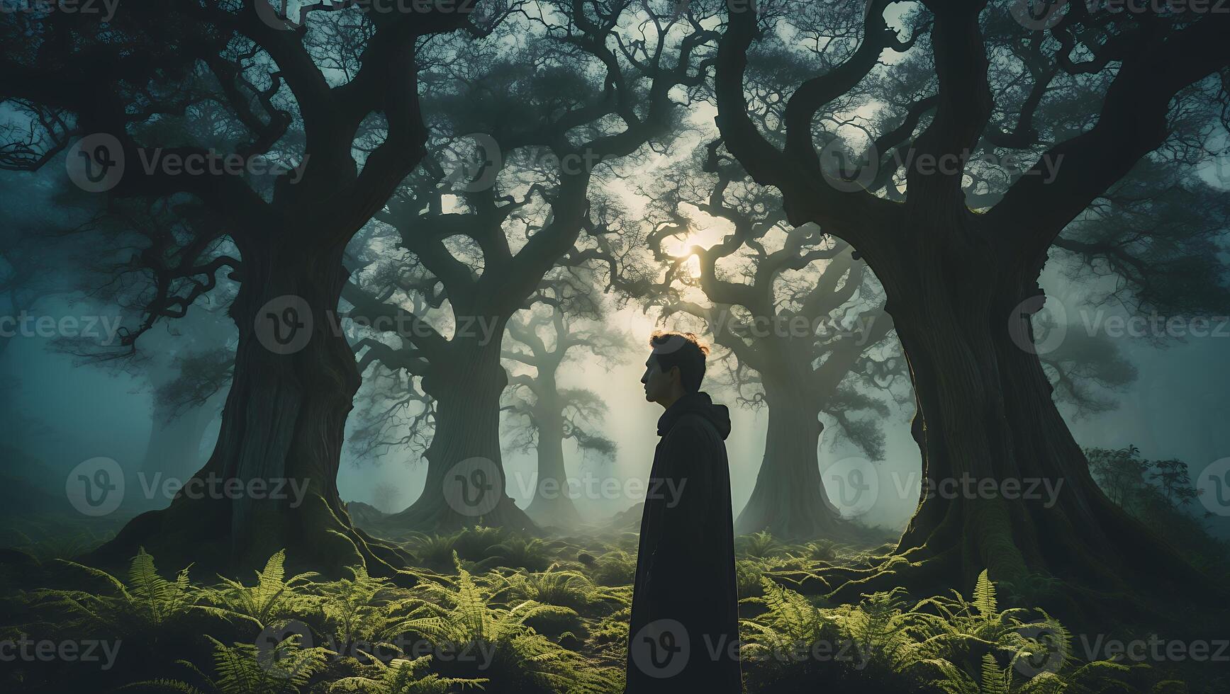 Person Walking Among Ancient Trees in a Misty Forest photo