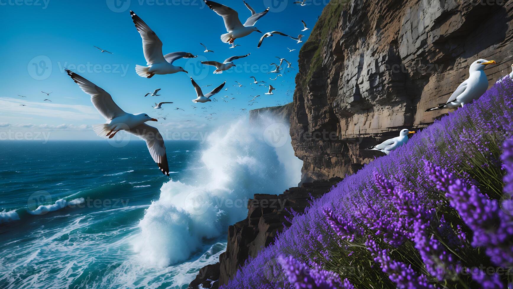 Seagulls Fly Over Crashing Waves and Coastal Lavender Field Scene photo