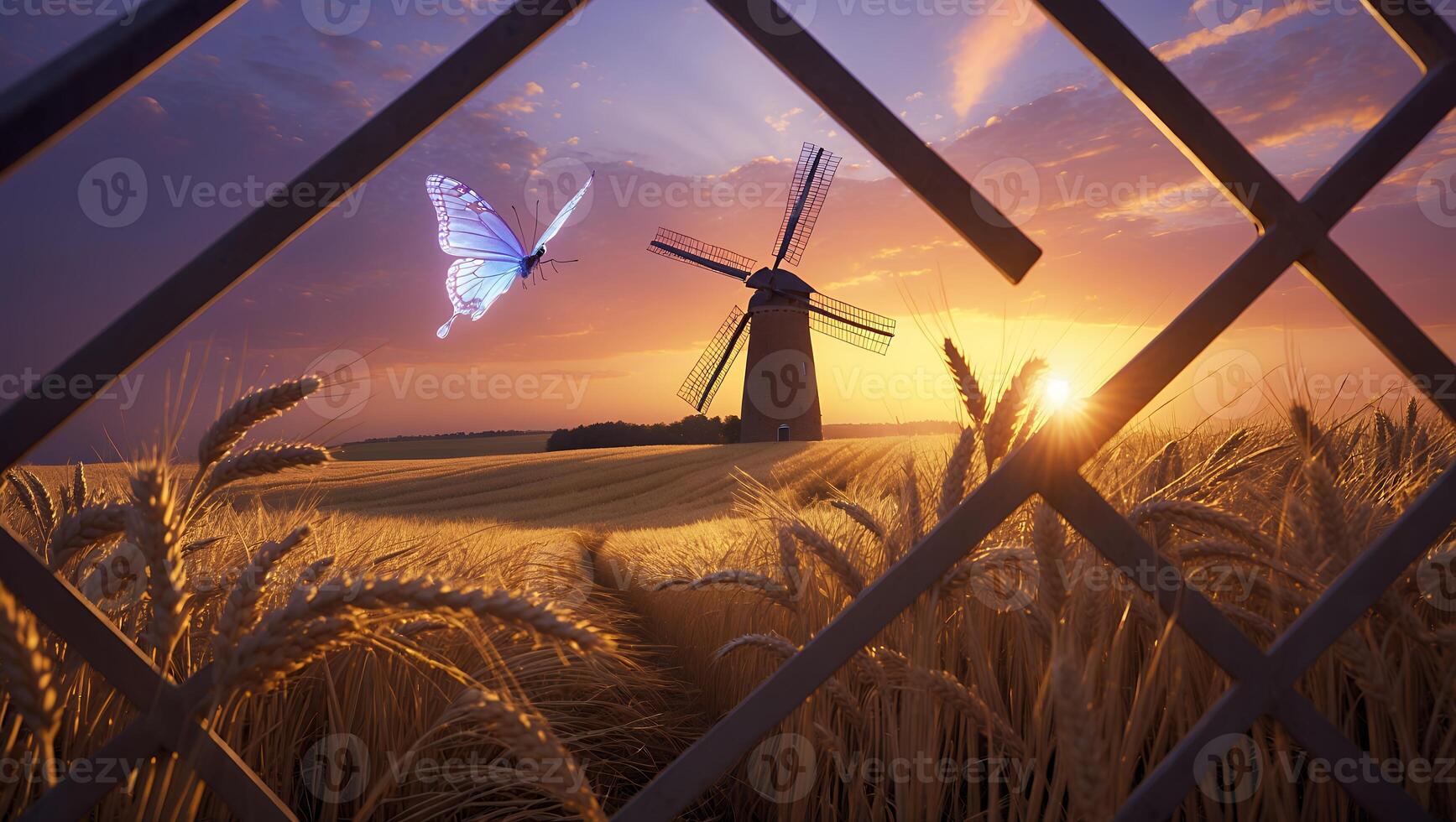 Butterfly Flying Near Windmill Over Wheat Field During Sunrise photo