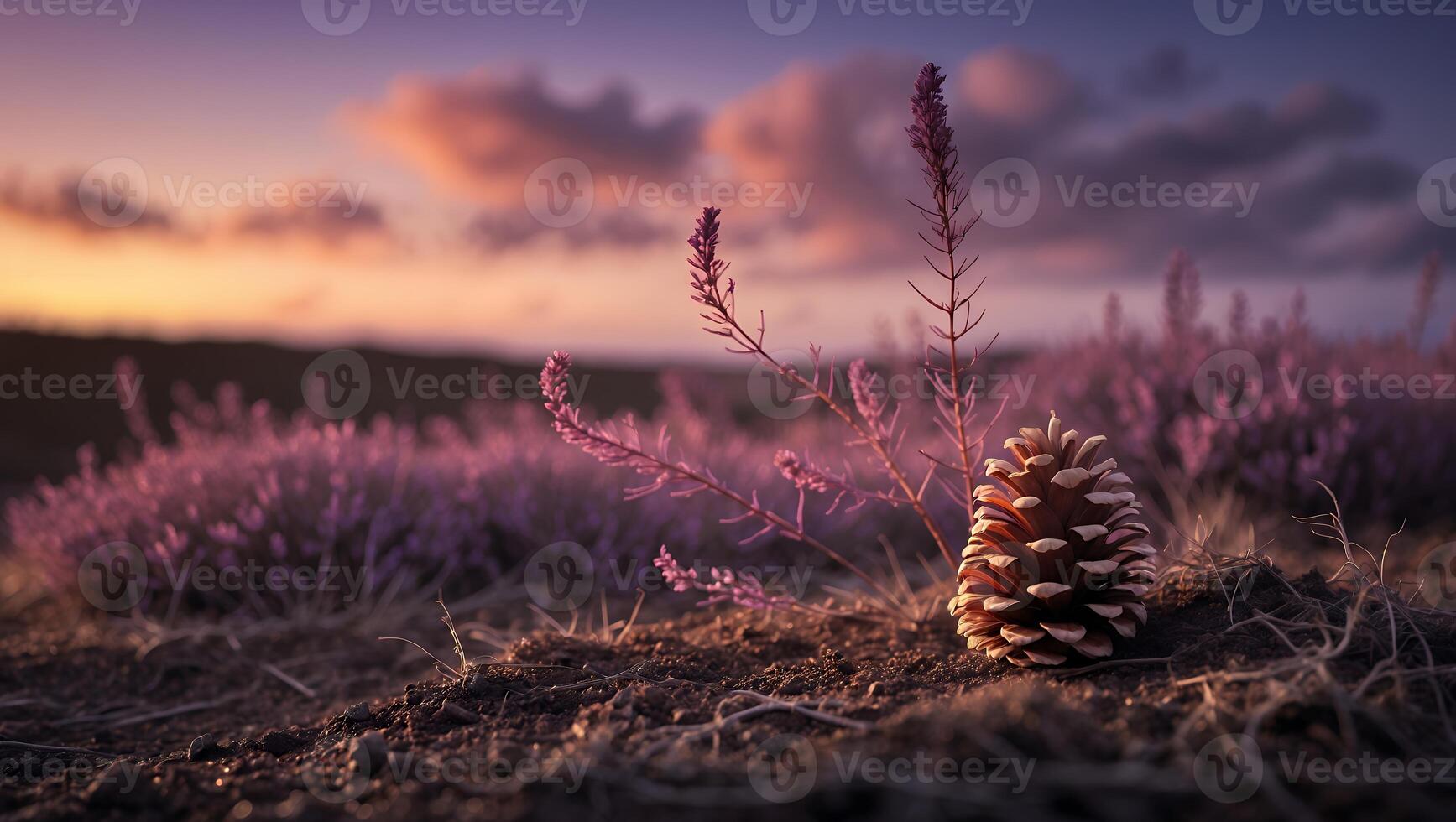 Pinecone and Lavender Field at Sunset with Colorful Sky photo