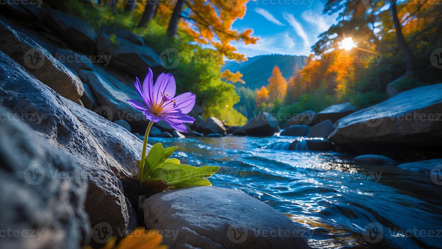 Purple Flower Growing by River with Autumn Trees and Sunlight photo