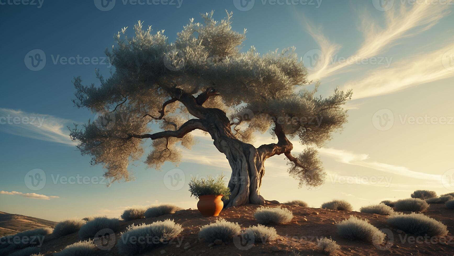 Solitary Tree on Hill with Herb Pot Under Blue Sky photo