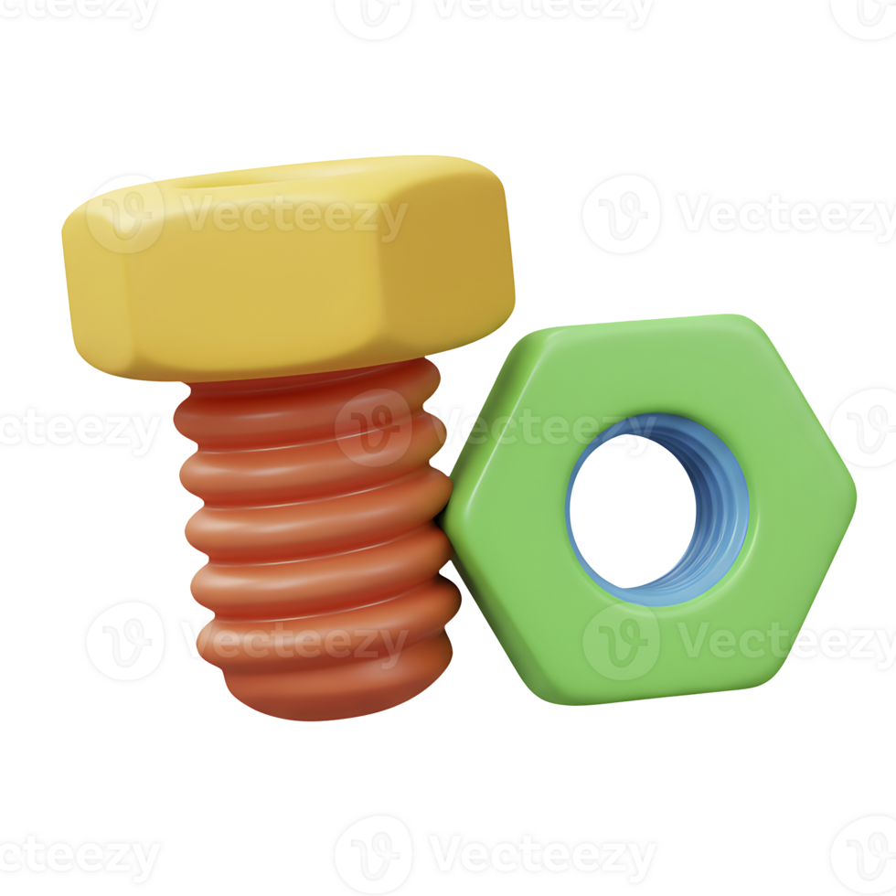 Colorful 3d rendered bolt and nut representing construction and engineering concepts in vibrant hues png