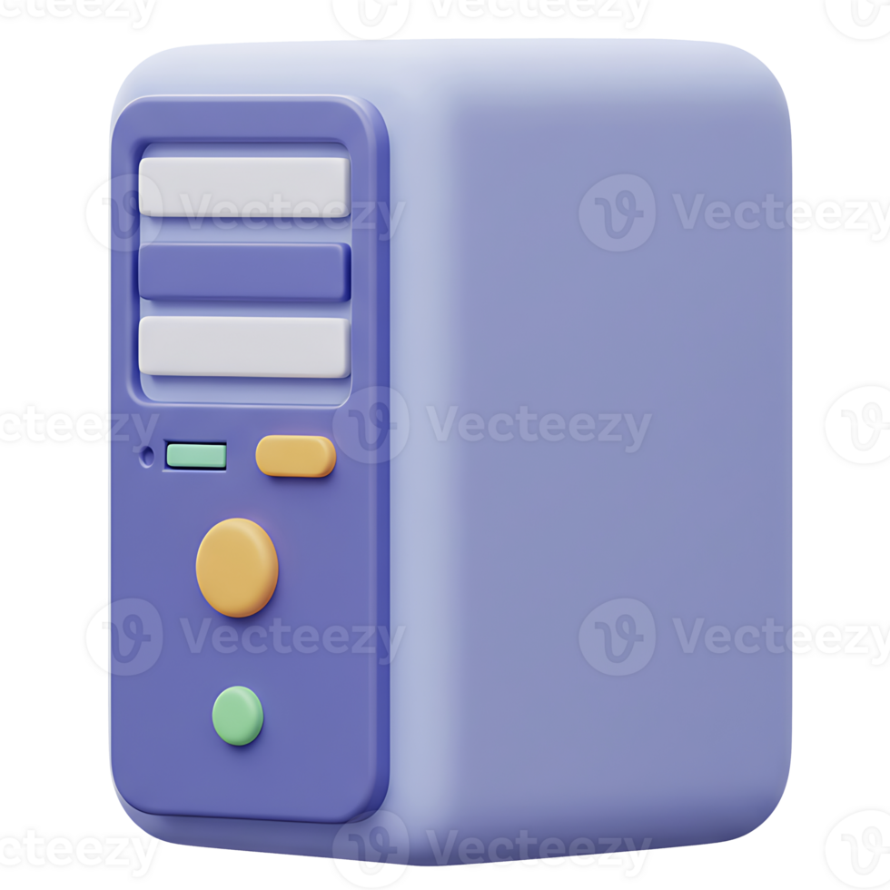 Modern 3d illustration of a purple computer tower with button control panel design png