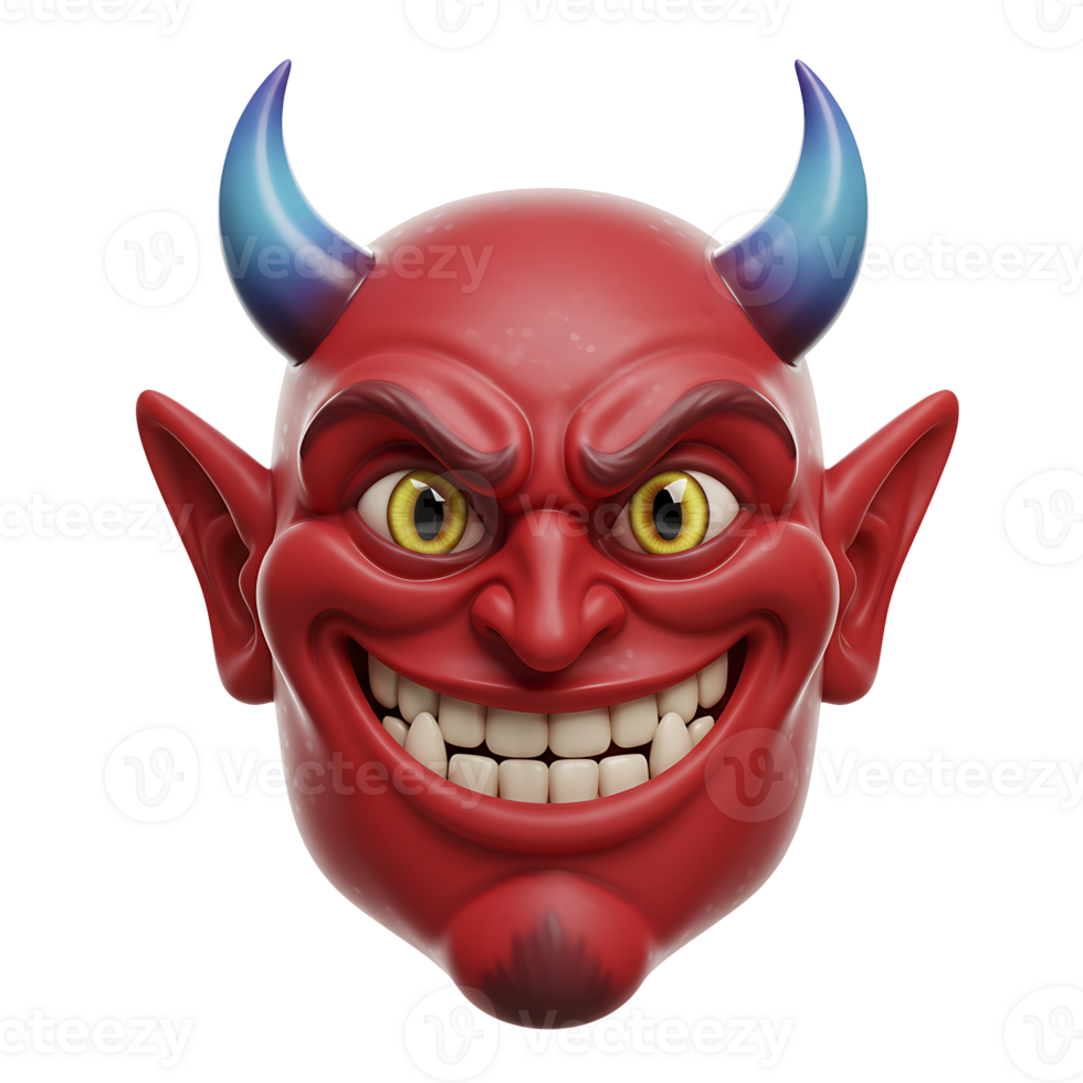 Cartoonish devil head with red skin blue horns and a mischievous grinning expression png