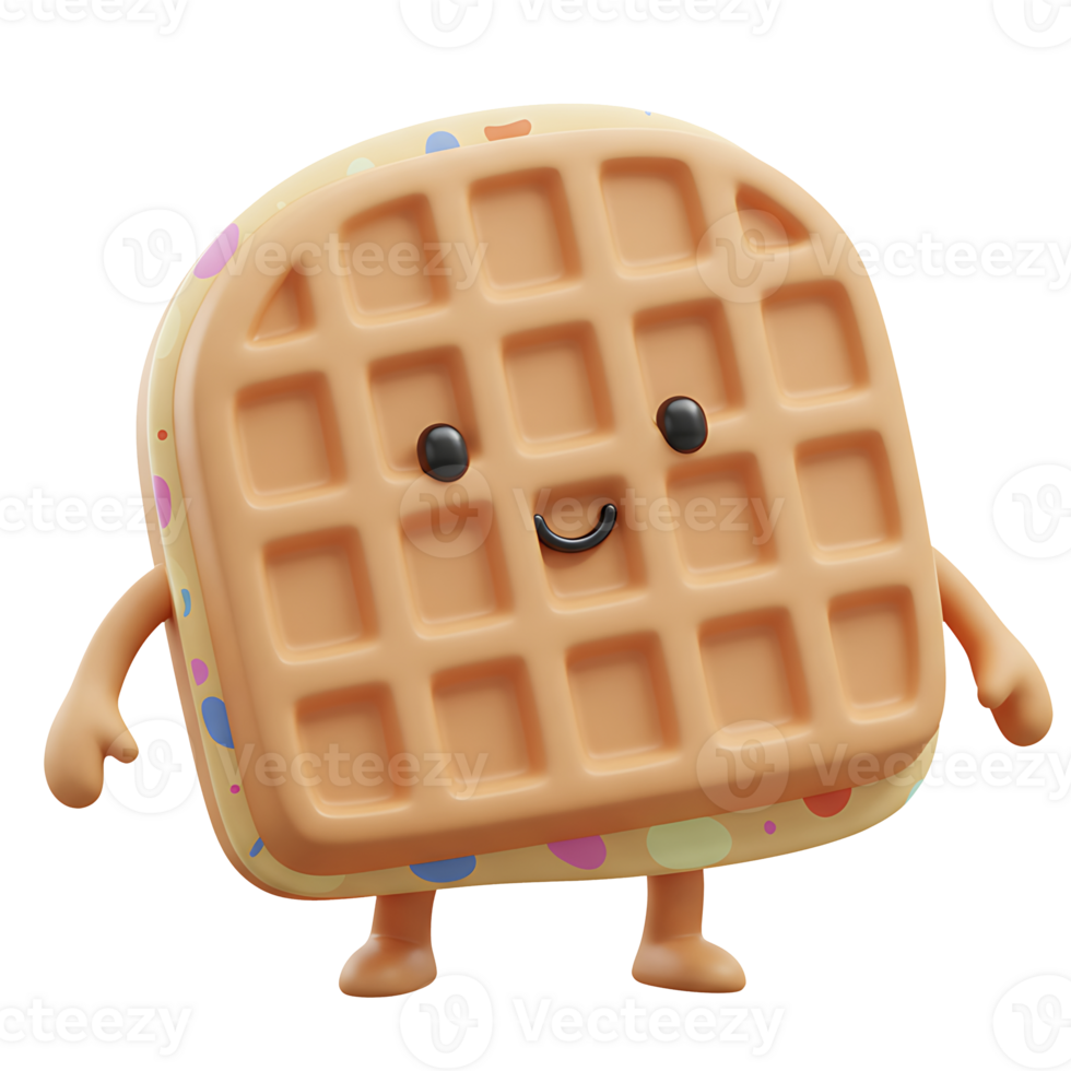 Adorable 3d rendered waffle character with a cheerful expression for food and fun concepts png