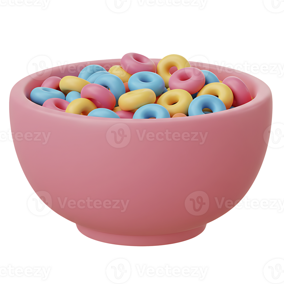 Colorful cereal in a pink bowl rendered with 3d design and modern style for breakfast png