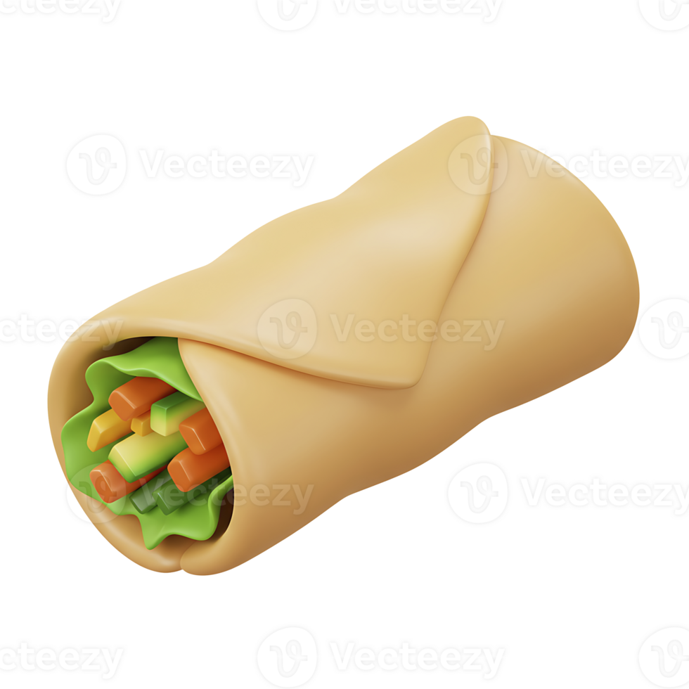 3d rendered illustration of a delicious burrito wrap with fresh colorful vegetables inside. png