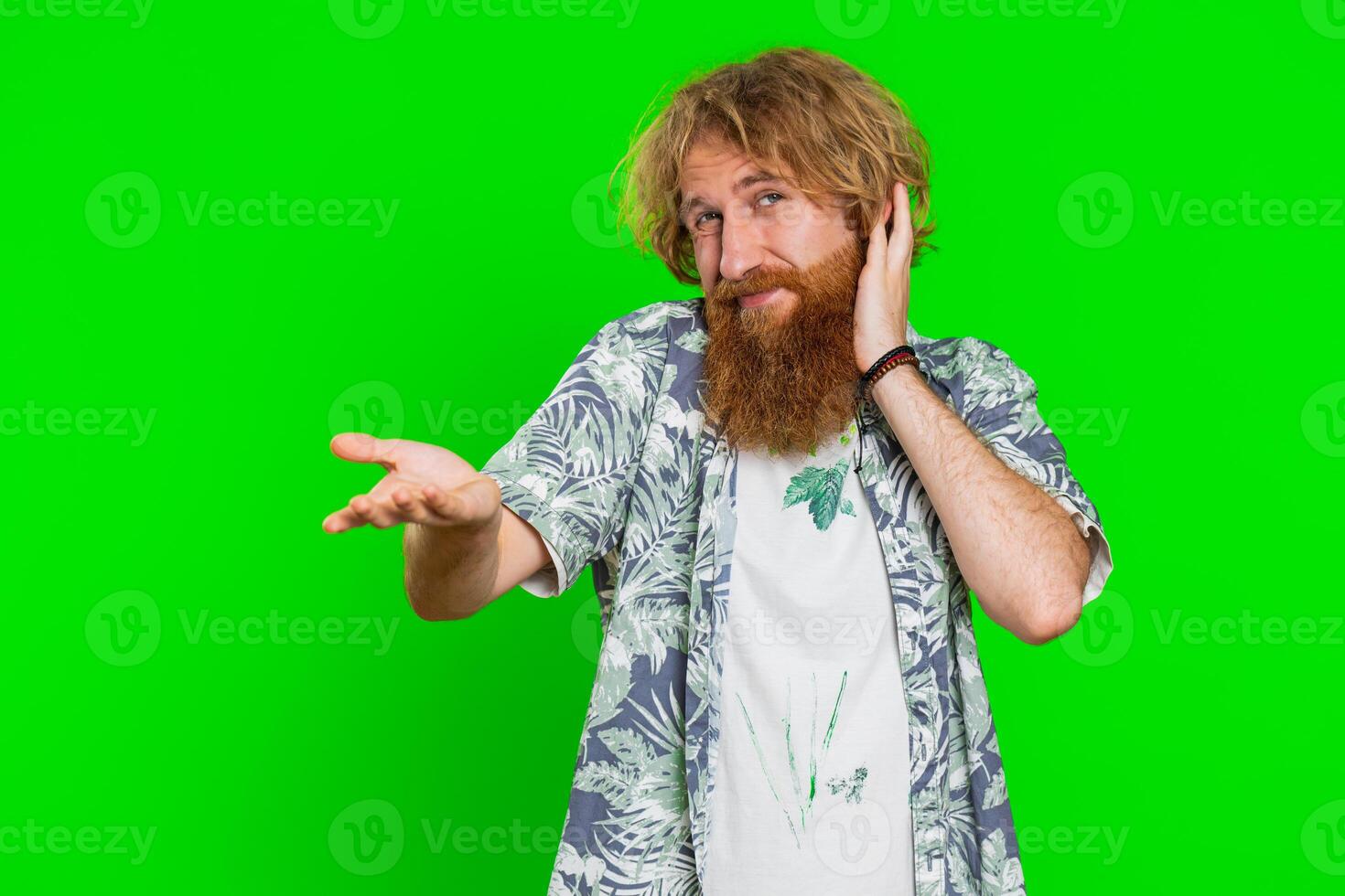 Confused man feeling embarrassed about question, having doubts, no answer, clueless, uncertain photo