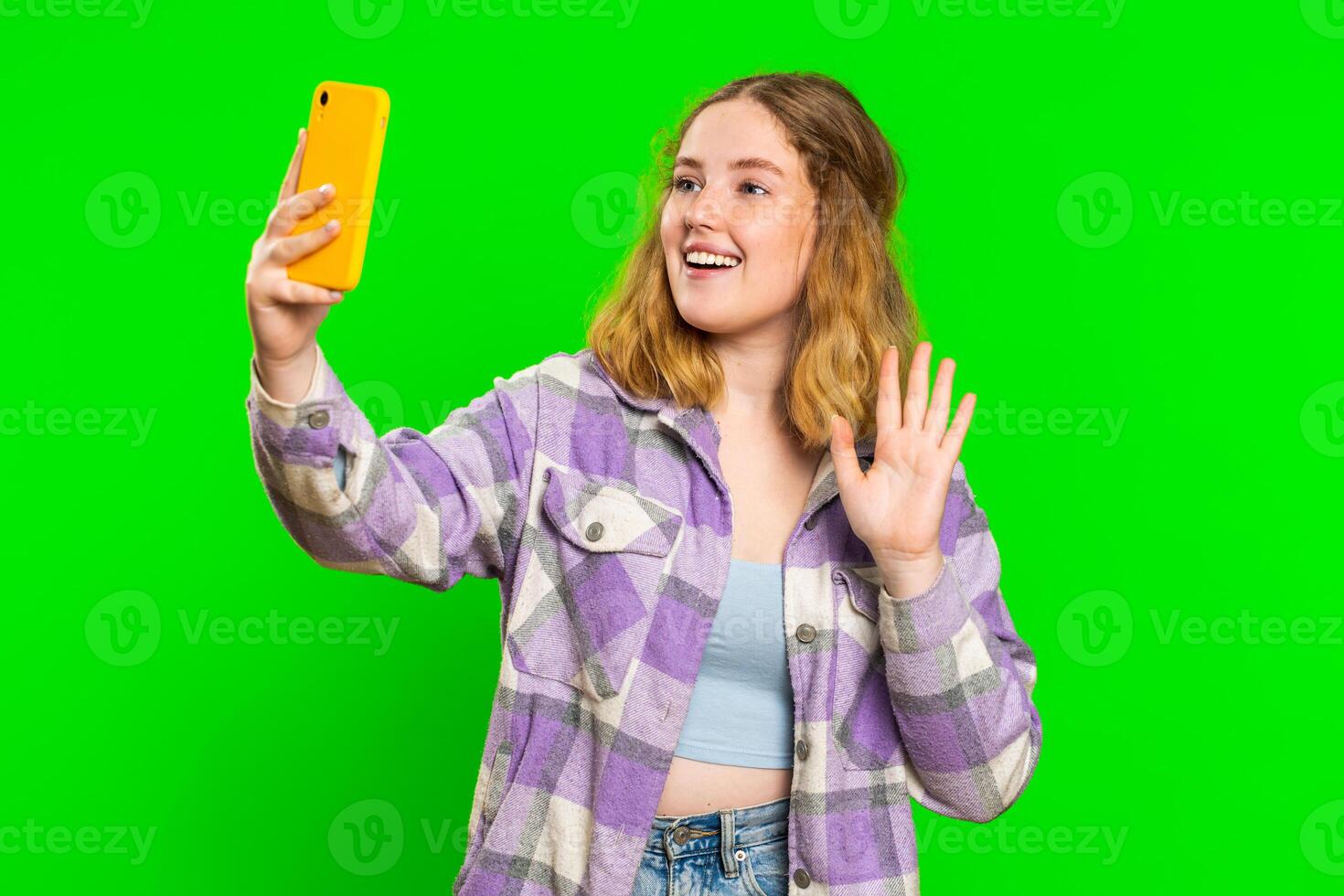 Happy woman blogger taking portrait selfie record call online with social media subscribers photo