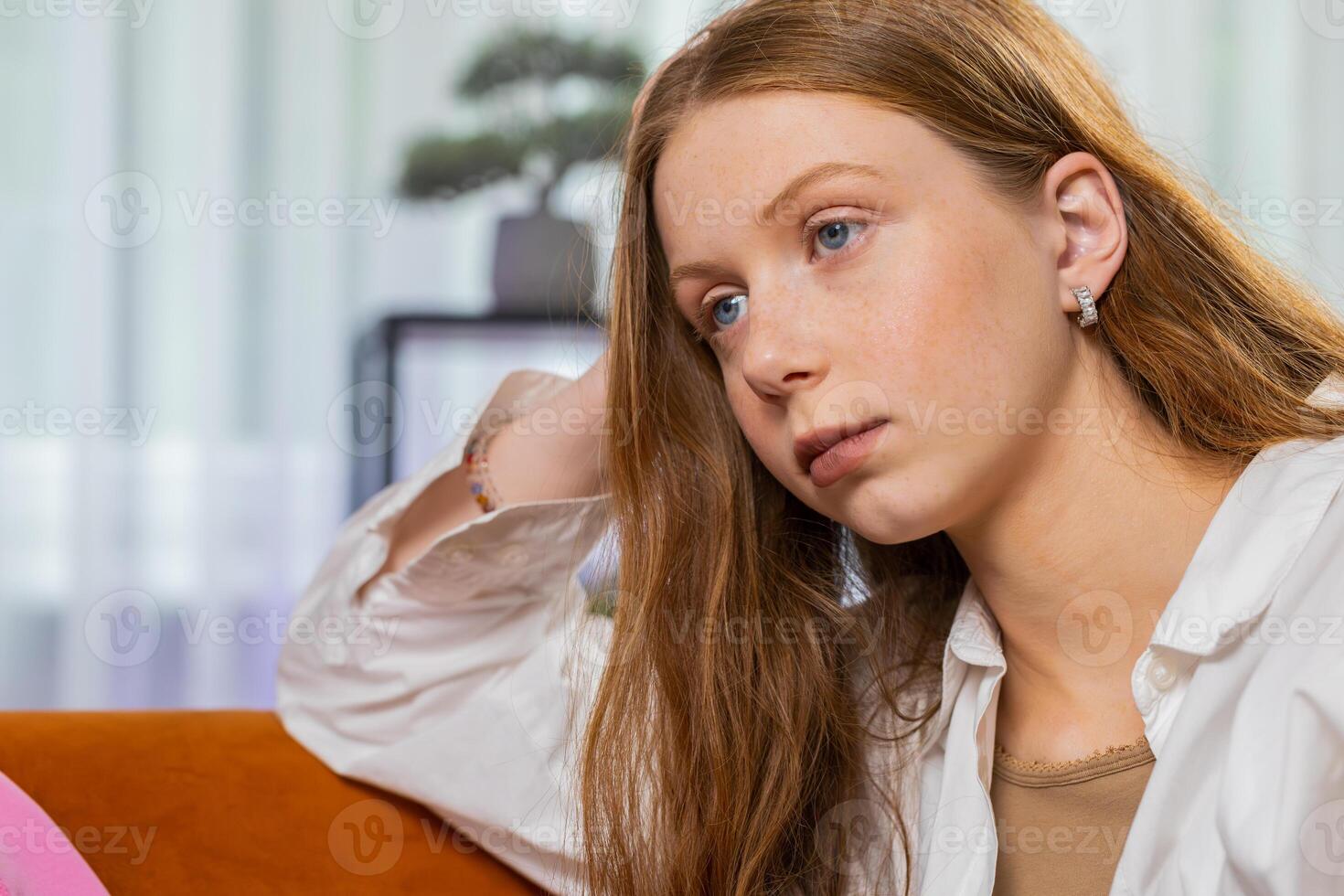 Girl child at home suffers from unfair situation problem, break up, depressed, feeling bad, burnout photo