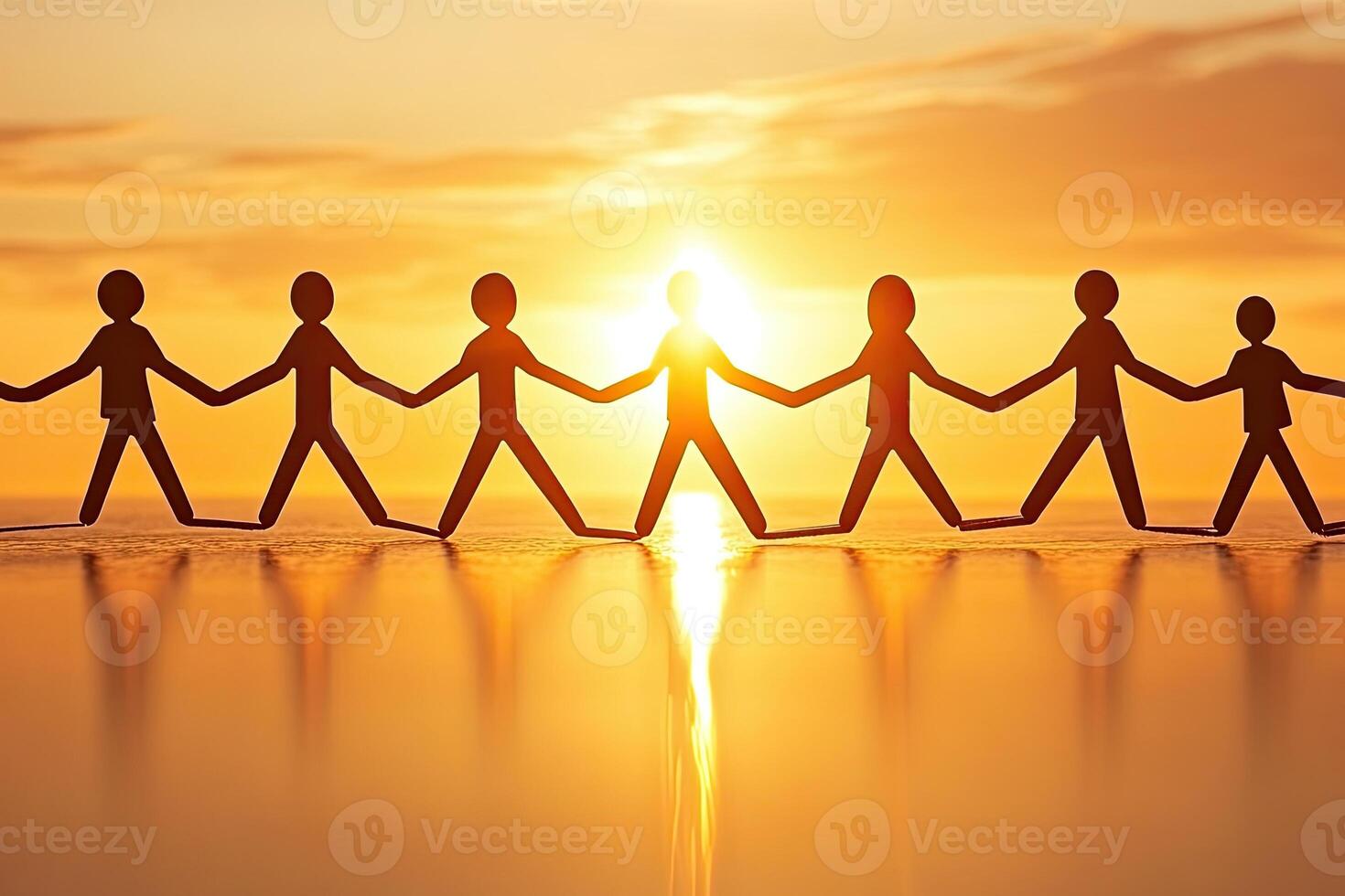 Unity at sunset. Paper figures walk hand-in-hand towards golden light photo