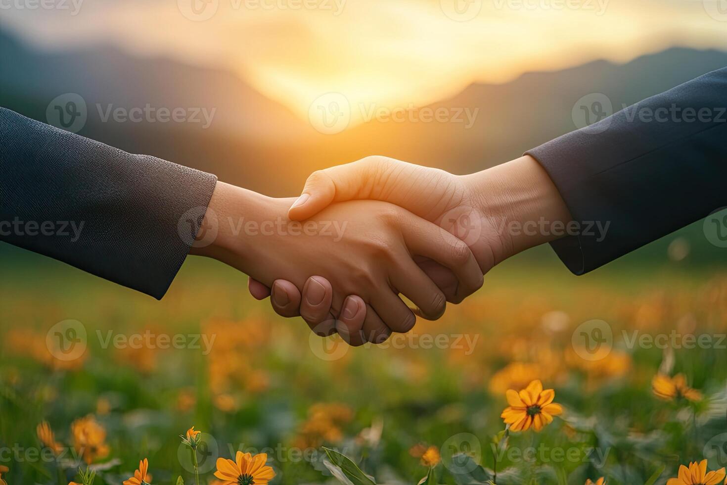 Two people shaking hands in a field at sunset photo