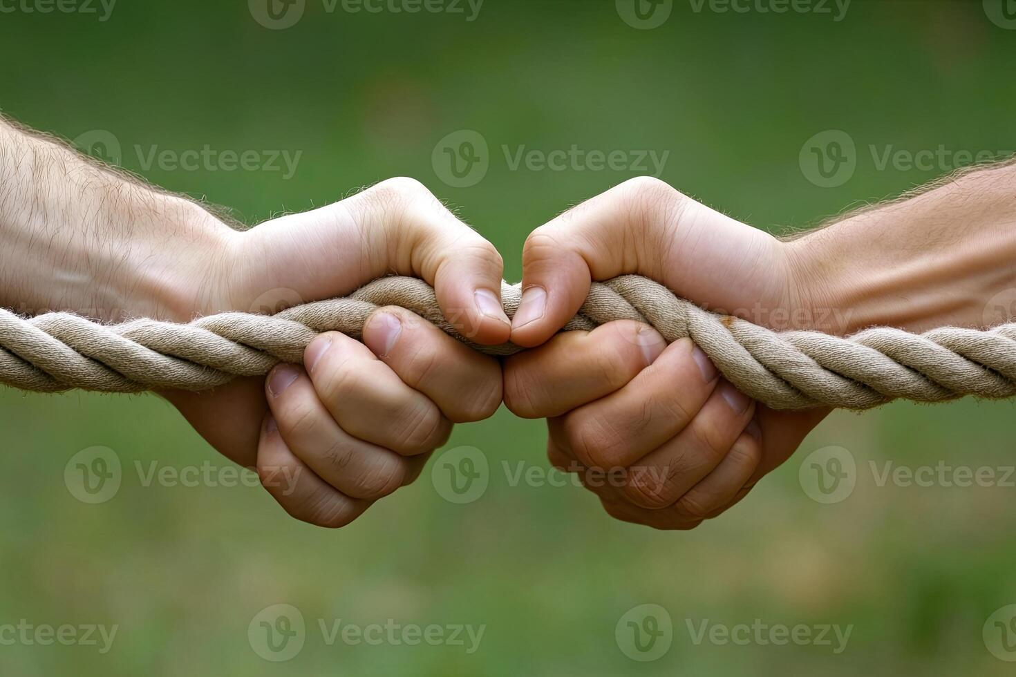 Two hands gripping a rope, pulling in opposite directions photo