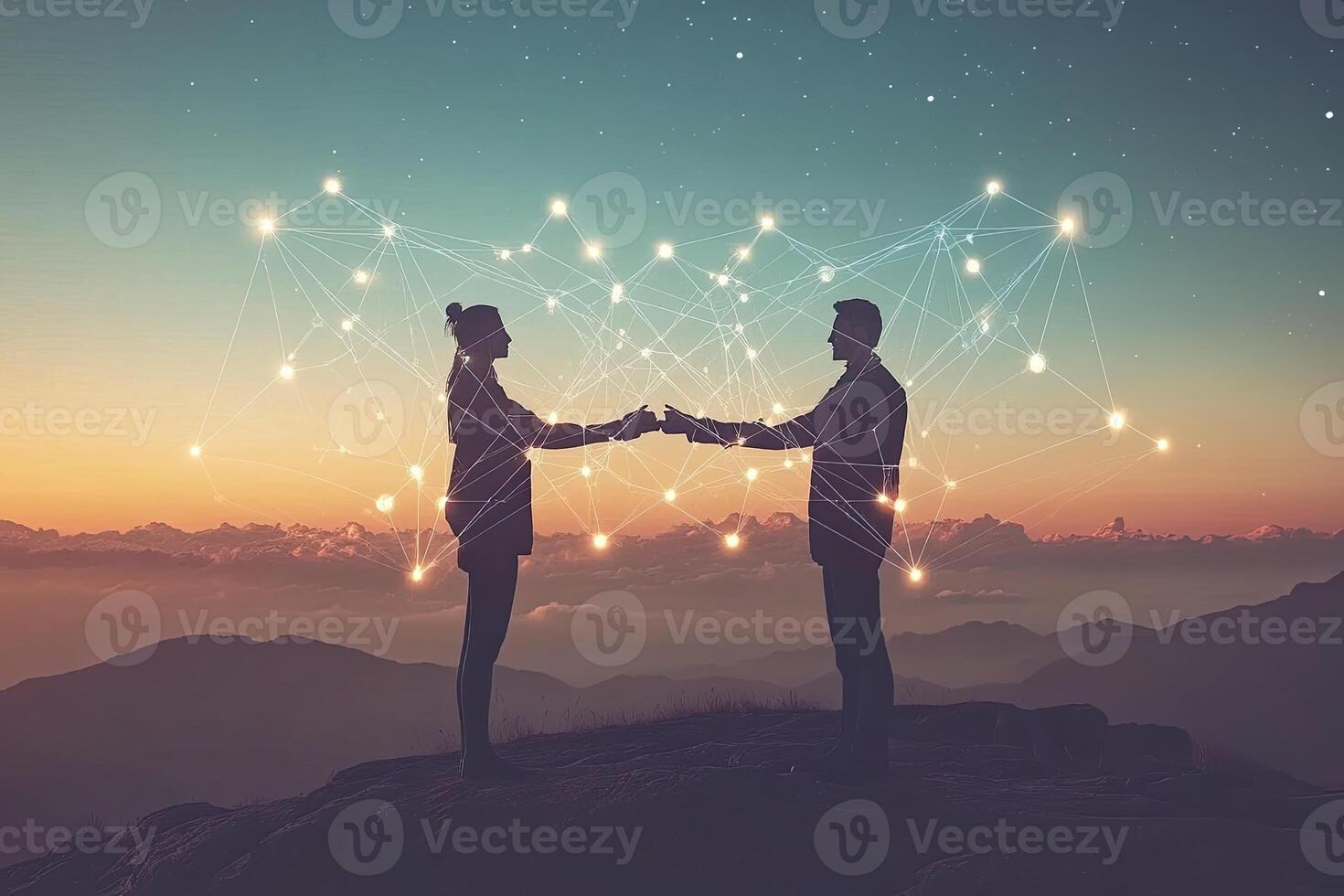 Two figures shaking hands amidst a network of lights against a mountain sunrise photo