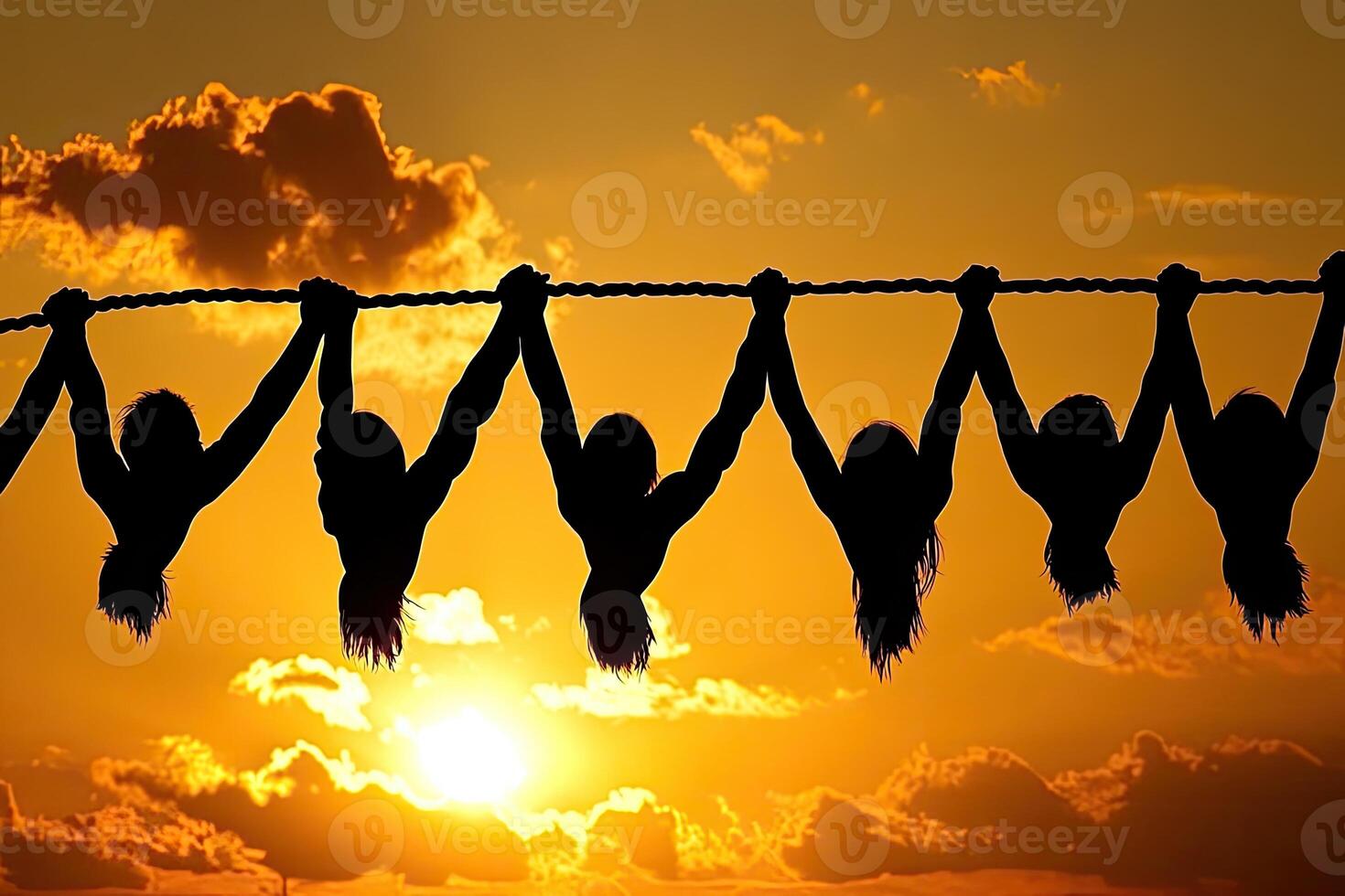 Silhouette group of people holding rope at sunset photo