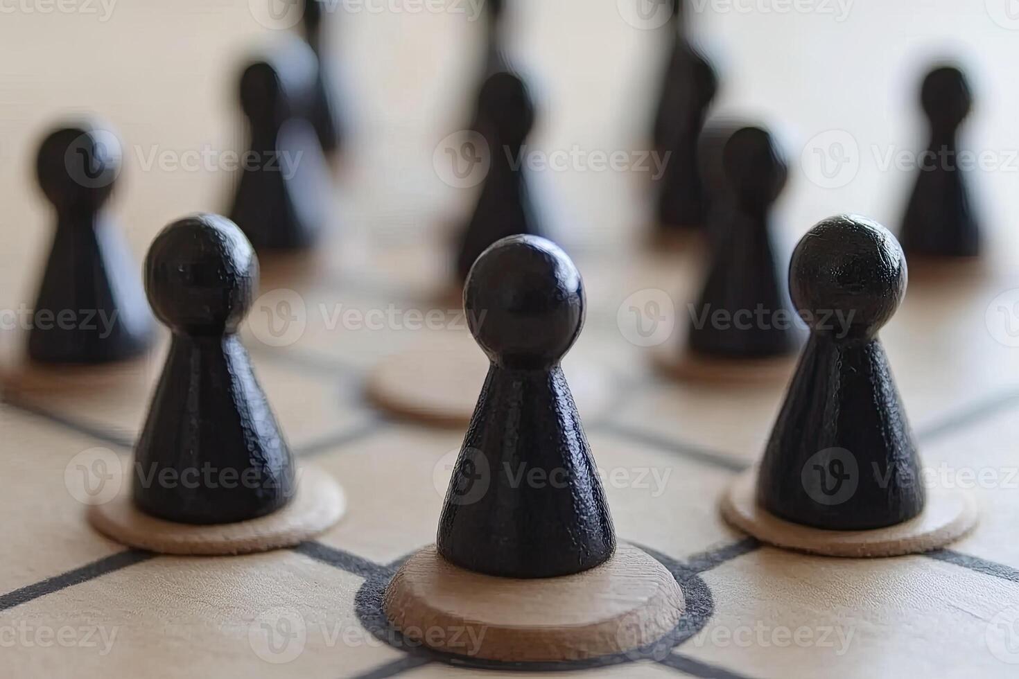 Black game pieces strategically positioned on a light-brown board photo