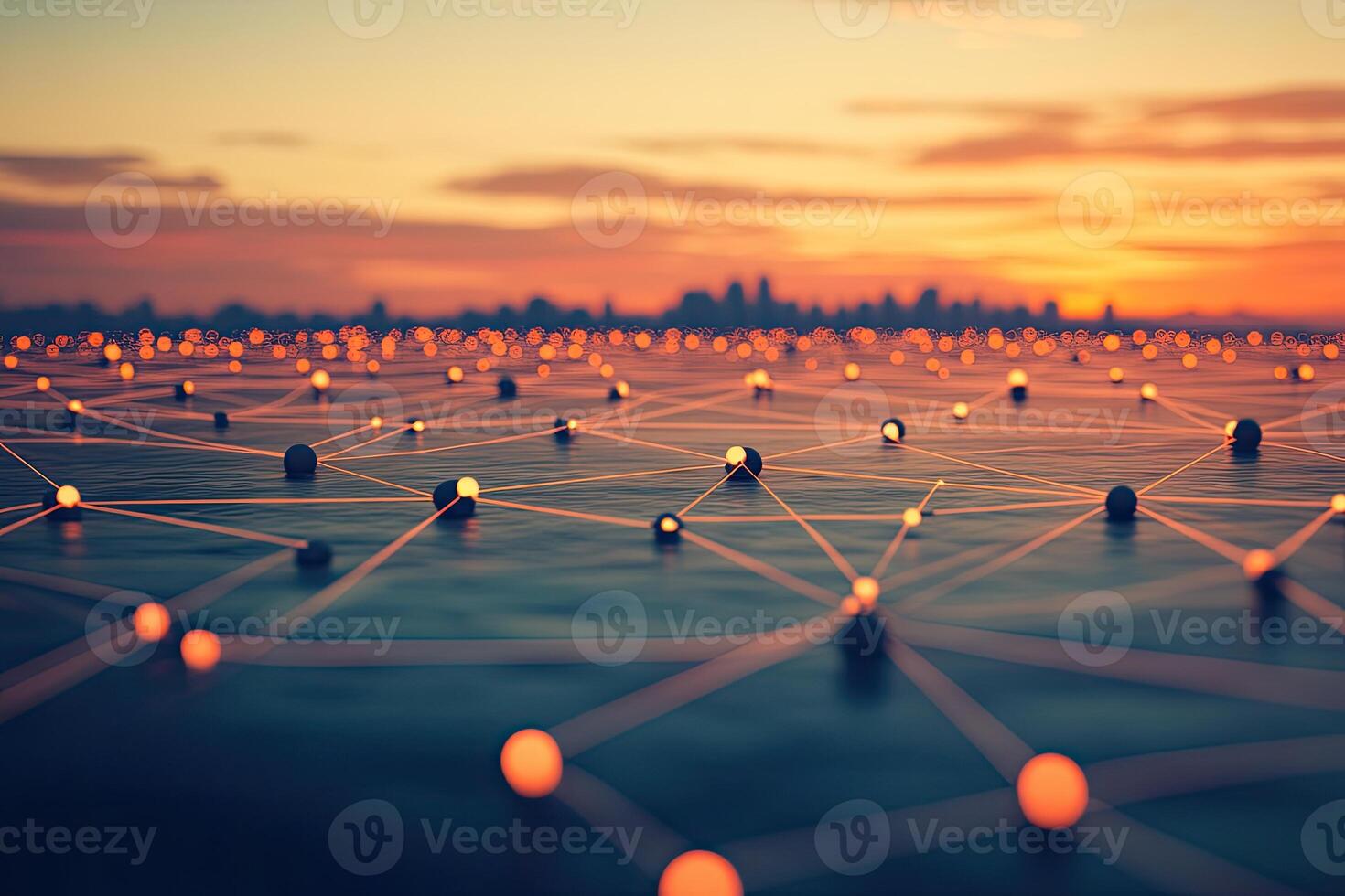 Global network connecting urban hubs at sunset photo