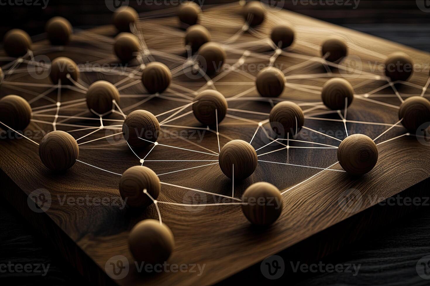 Network of interconnected spheres on a wooden surface photo