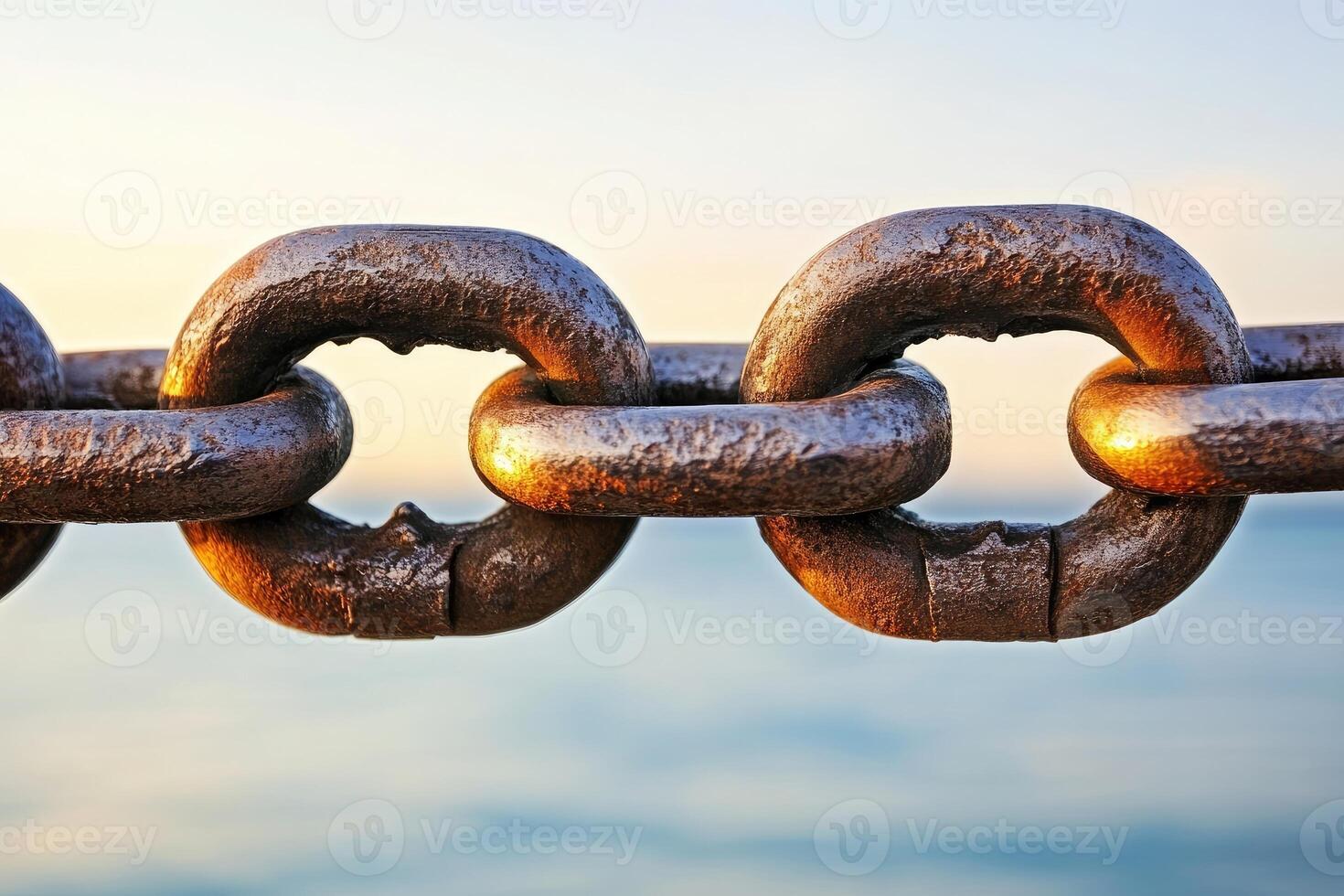 Rusty chain links against a soft sunset photo