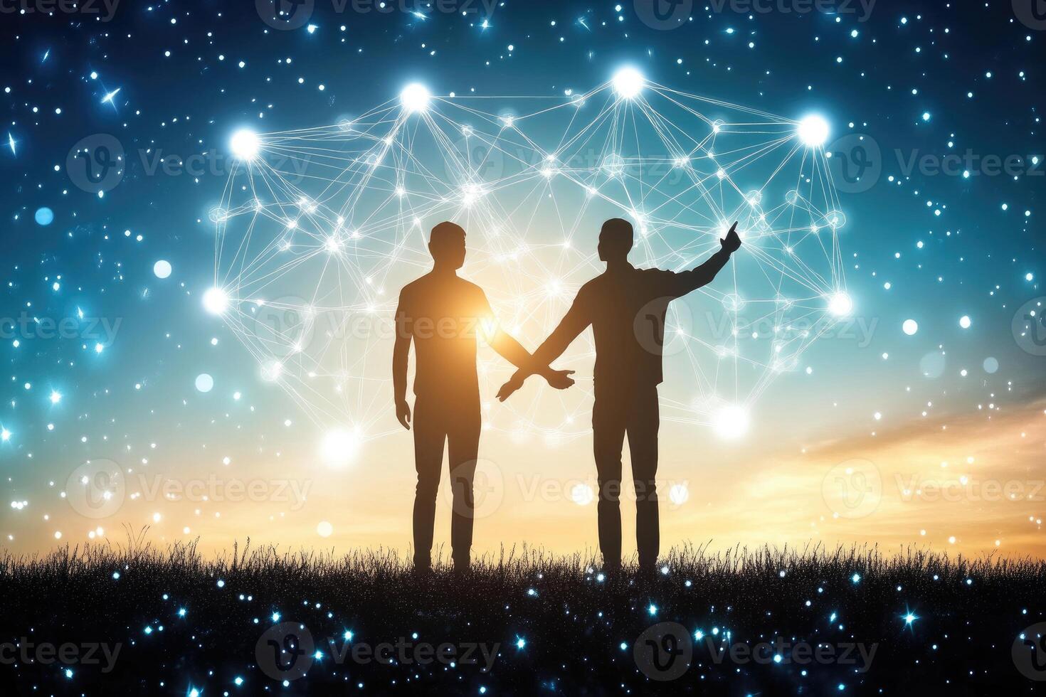 Two figures standing together, connected by a network of light and stars photo