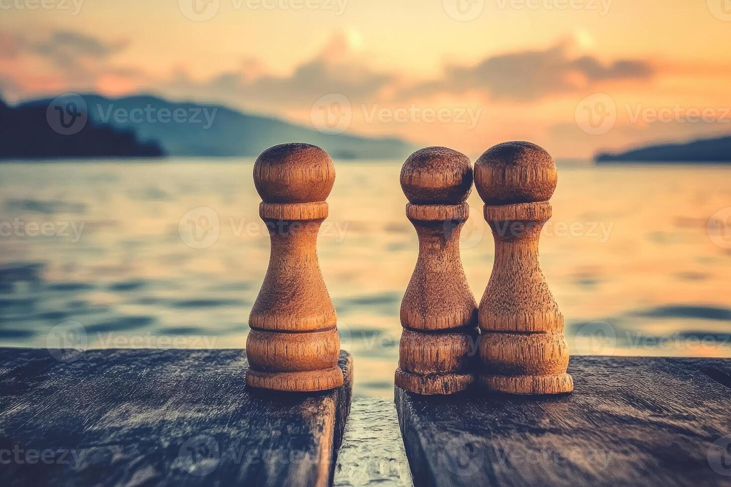 Three wooden figurines facing each other on a dock, facing a serene sunset over water photo